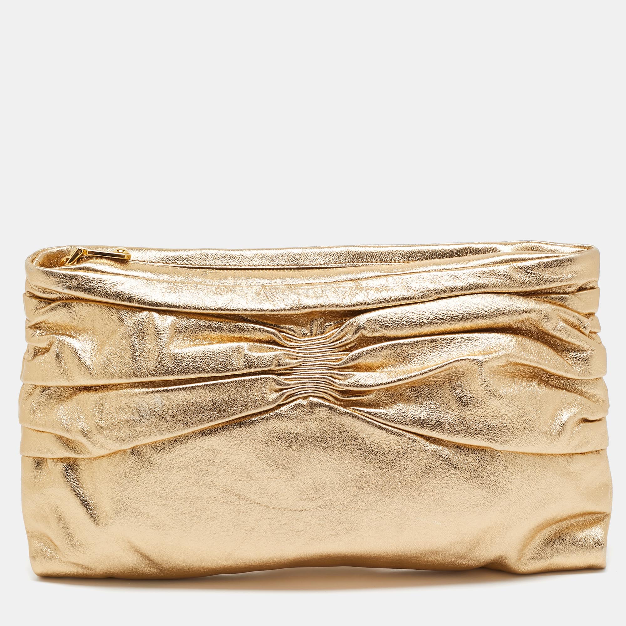 

Miu Miu Gold Leather Pleated Zip Clutch