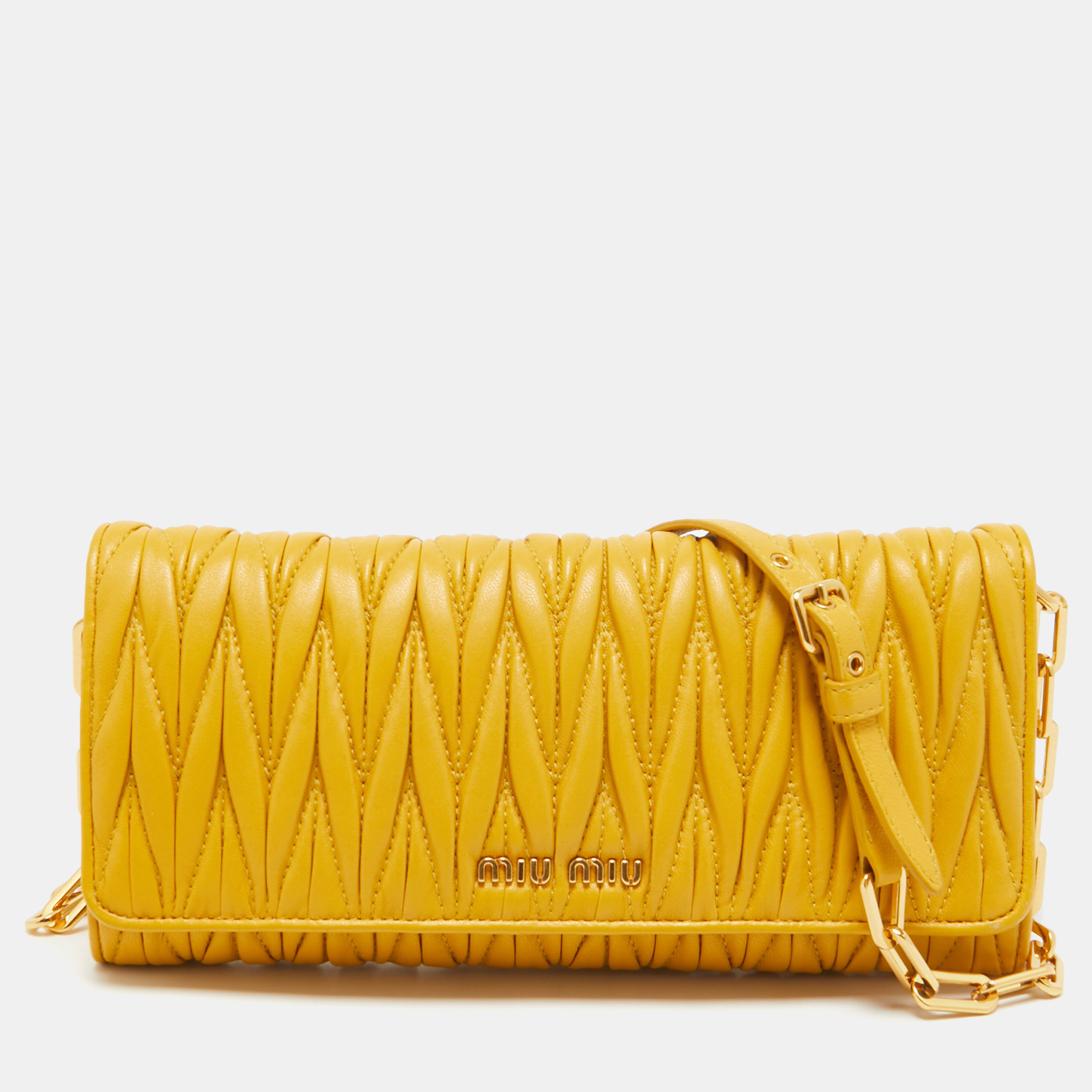 Pre-owned Miu Miu Mustard Matelassé Leather Flap Wallet On Chain In Yellow