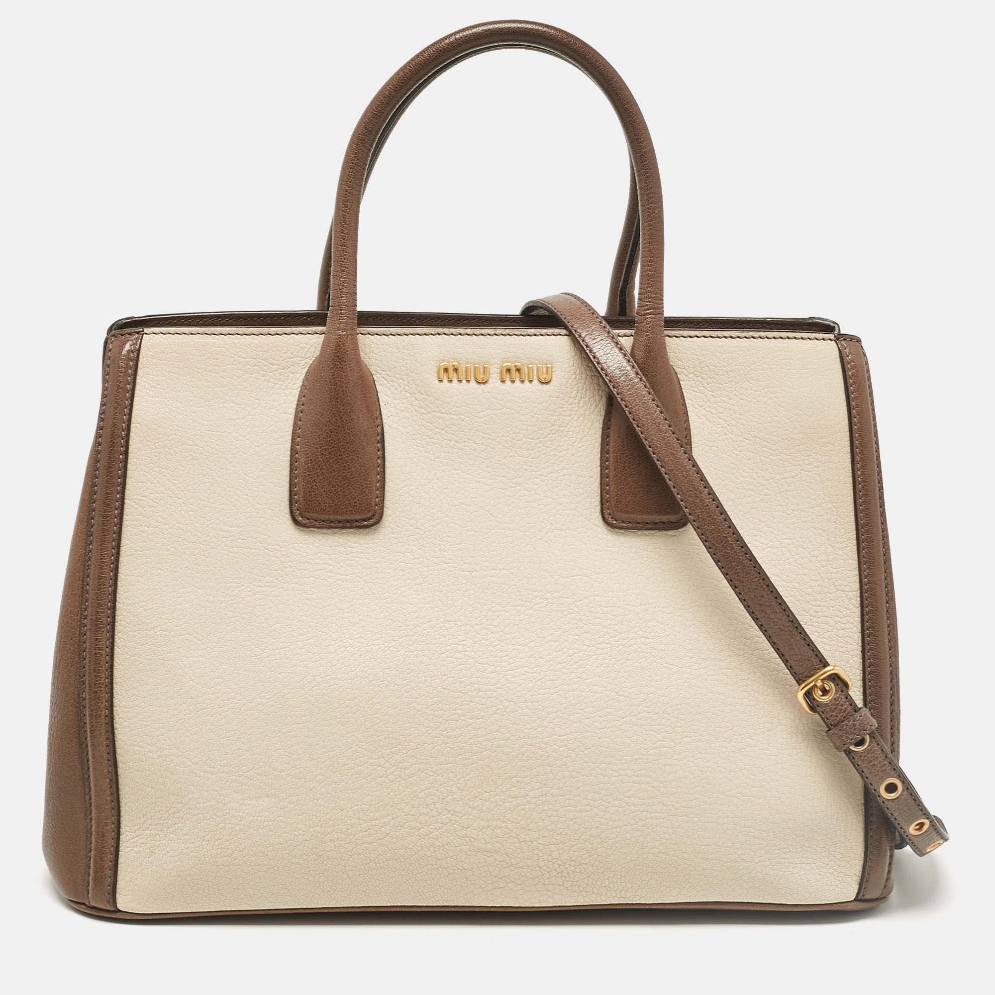 Pre-owned Miu Miu Brown/beige Madras Leather Bicolor Tote