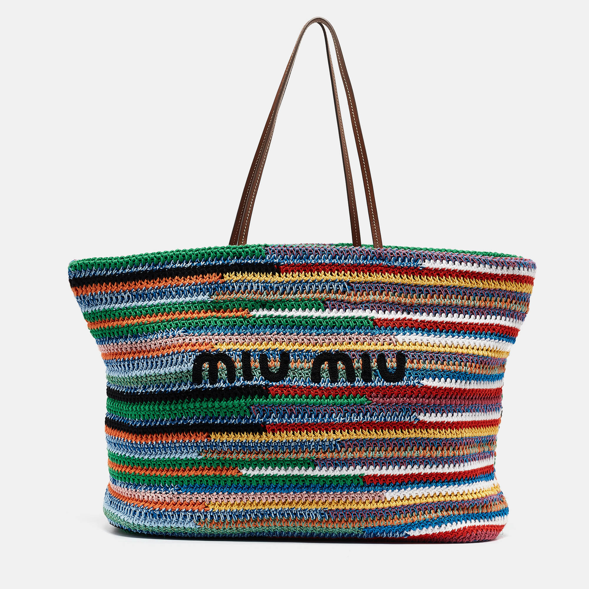 

Miu Miu Multicolor Crochet and Leather Stripe Shopper Tote