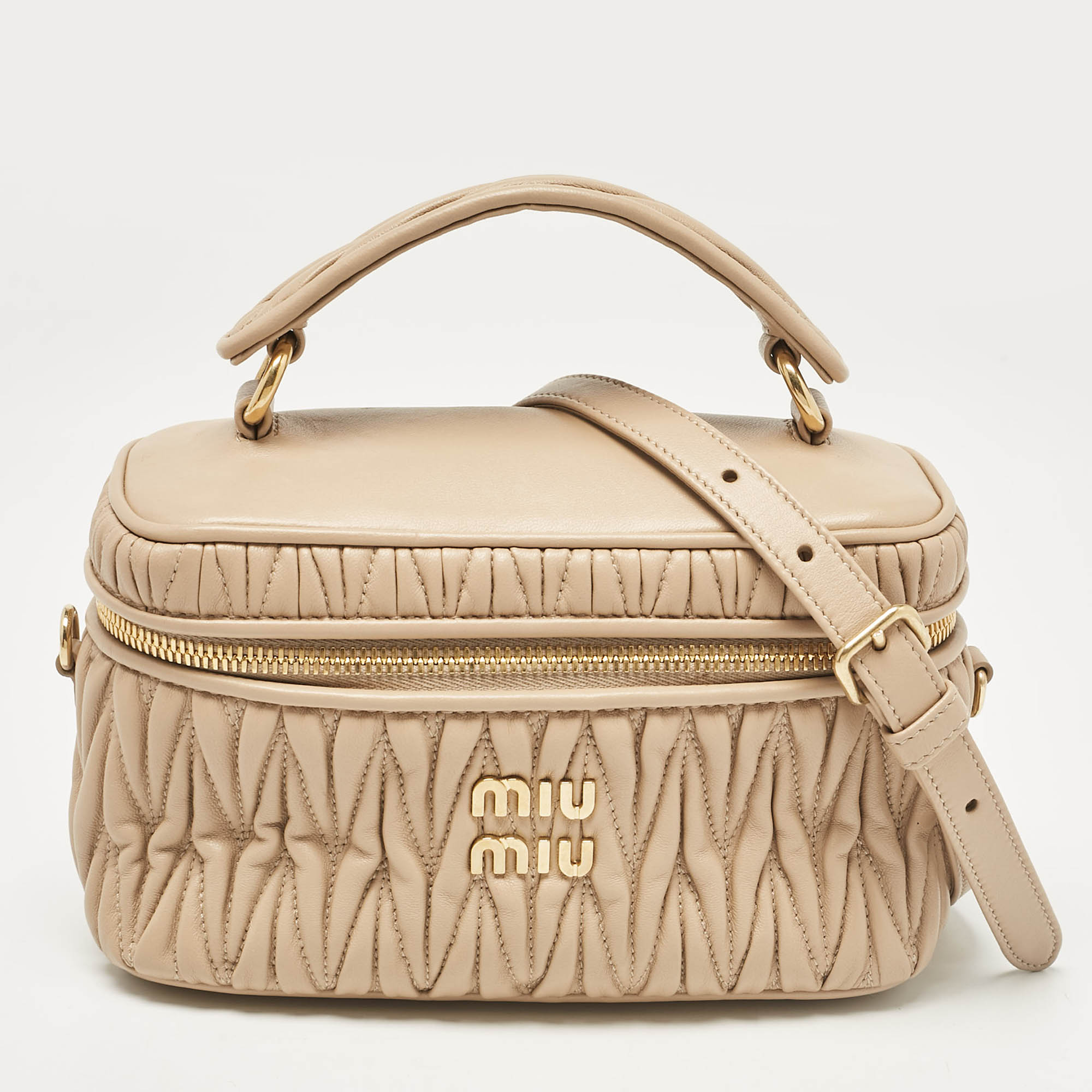 

Miu Miu Beige Matelassé Leather Vanity Top Handle Bag