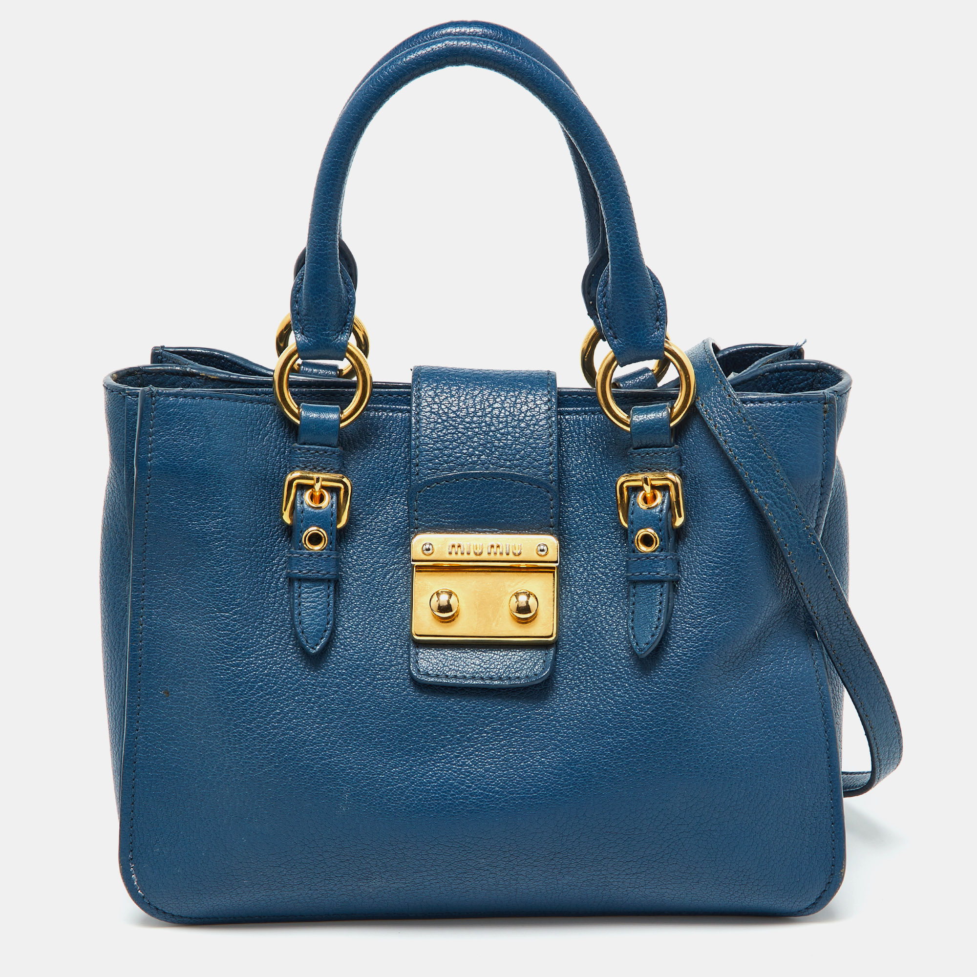 

Miu Miu Blue Madras Leather Pushlock Tote