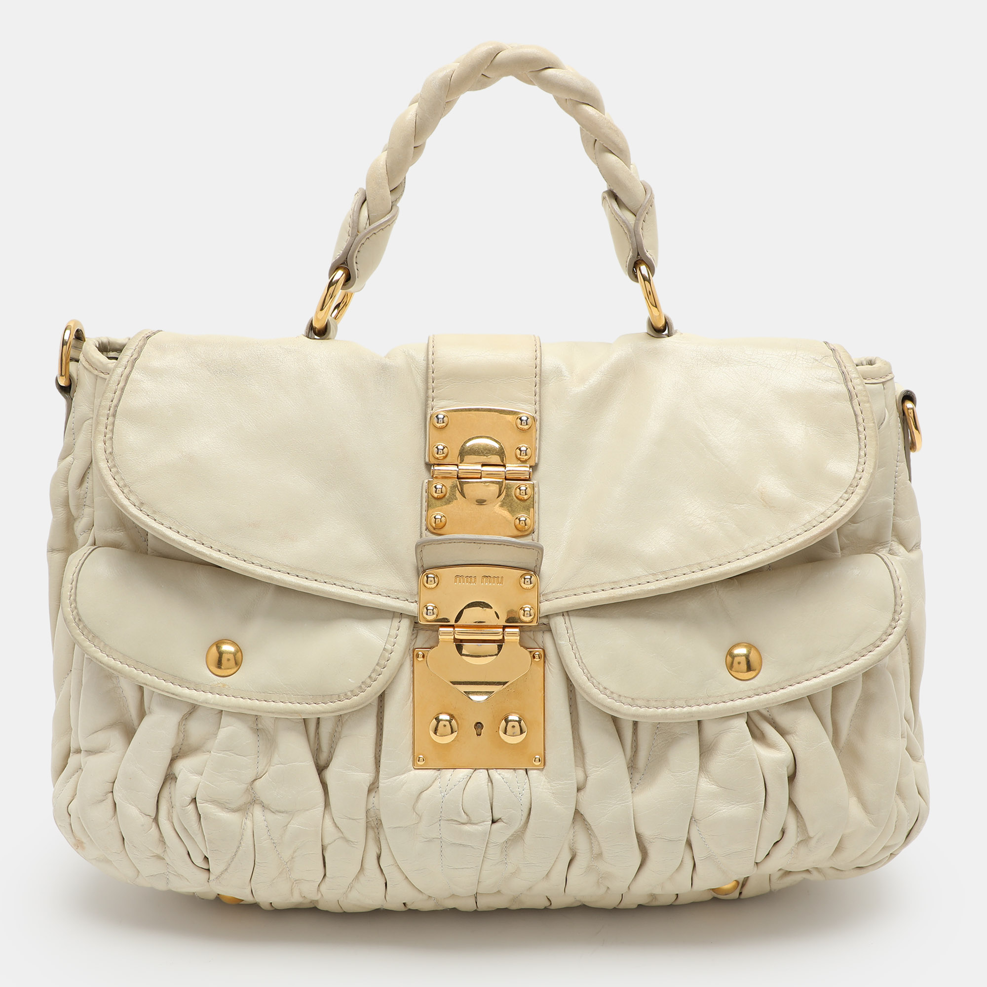 

Miu Miu Beige Matelassé Leather Coffer Hobo