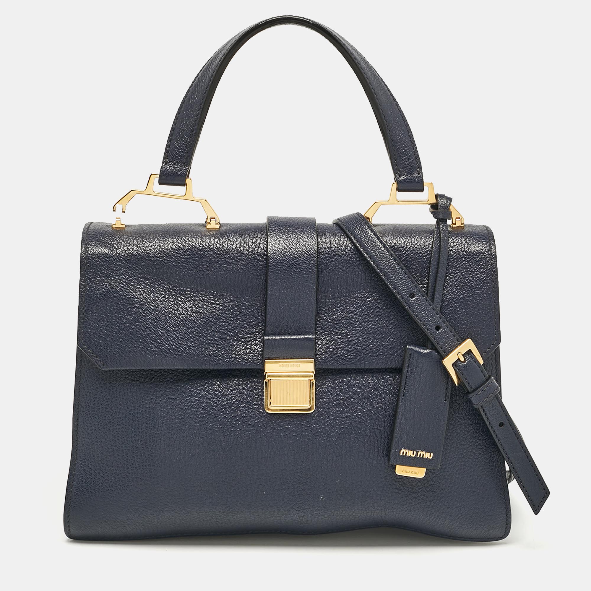 

Miu Miu Navy Blue Leather Madras Top Handle Bag