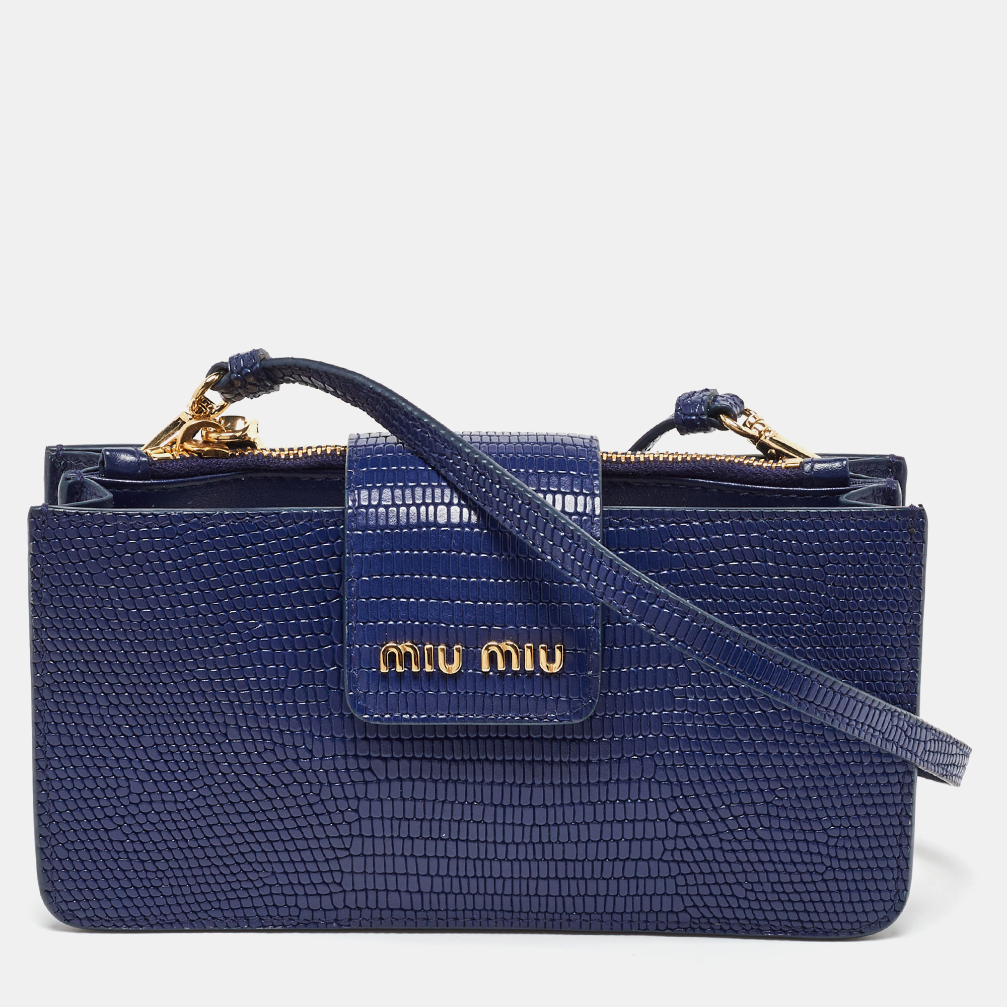 

Miu Miu Blue Lizard Embossed Leather Phone Wallet Crossbody Bag