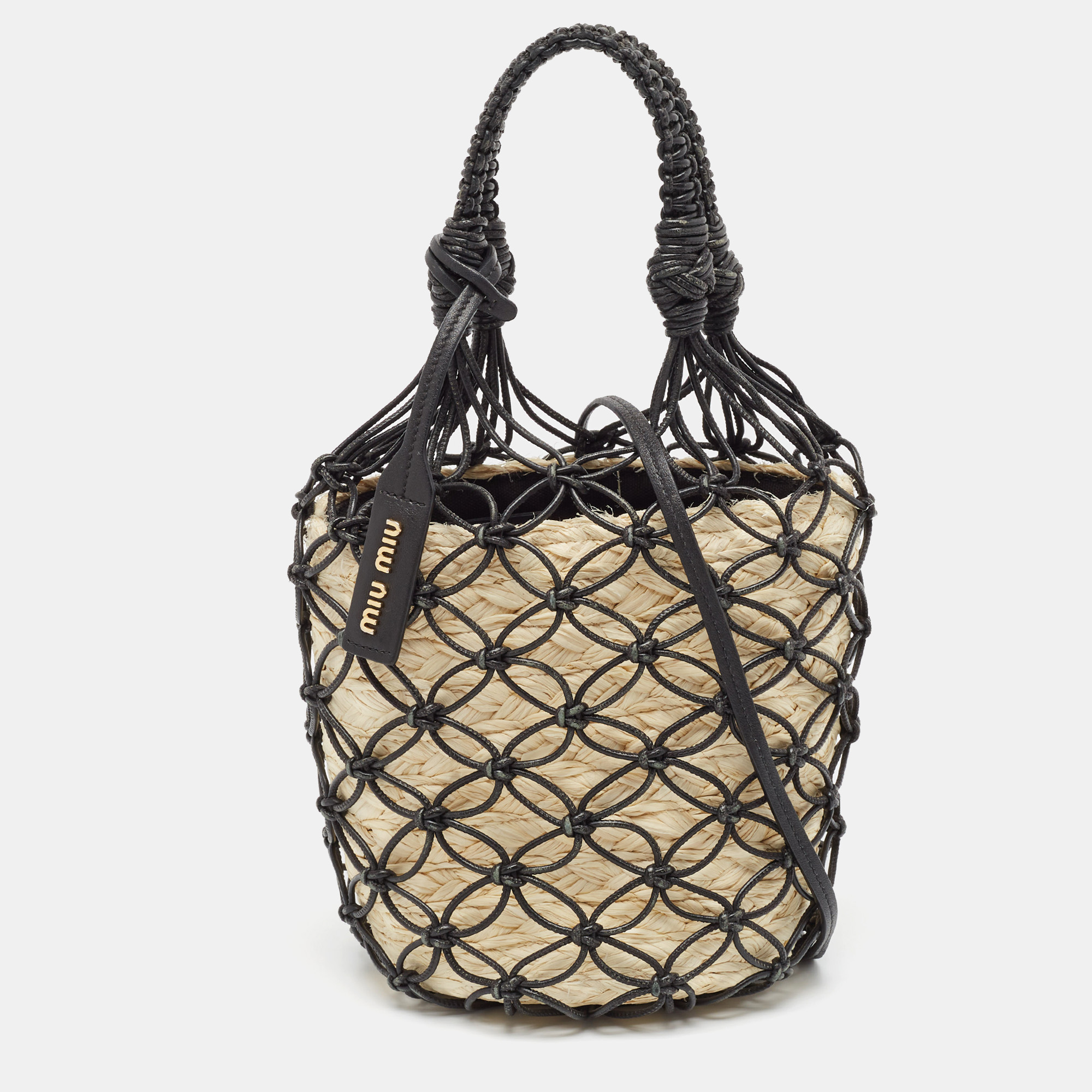 

Miu Miu Black/Tan Leather Mesh and Straw Bucket Bag