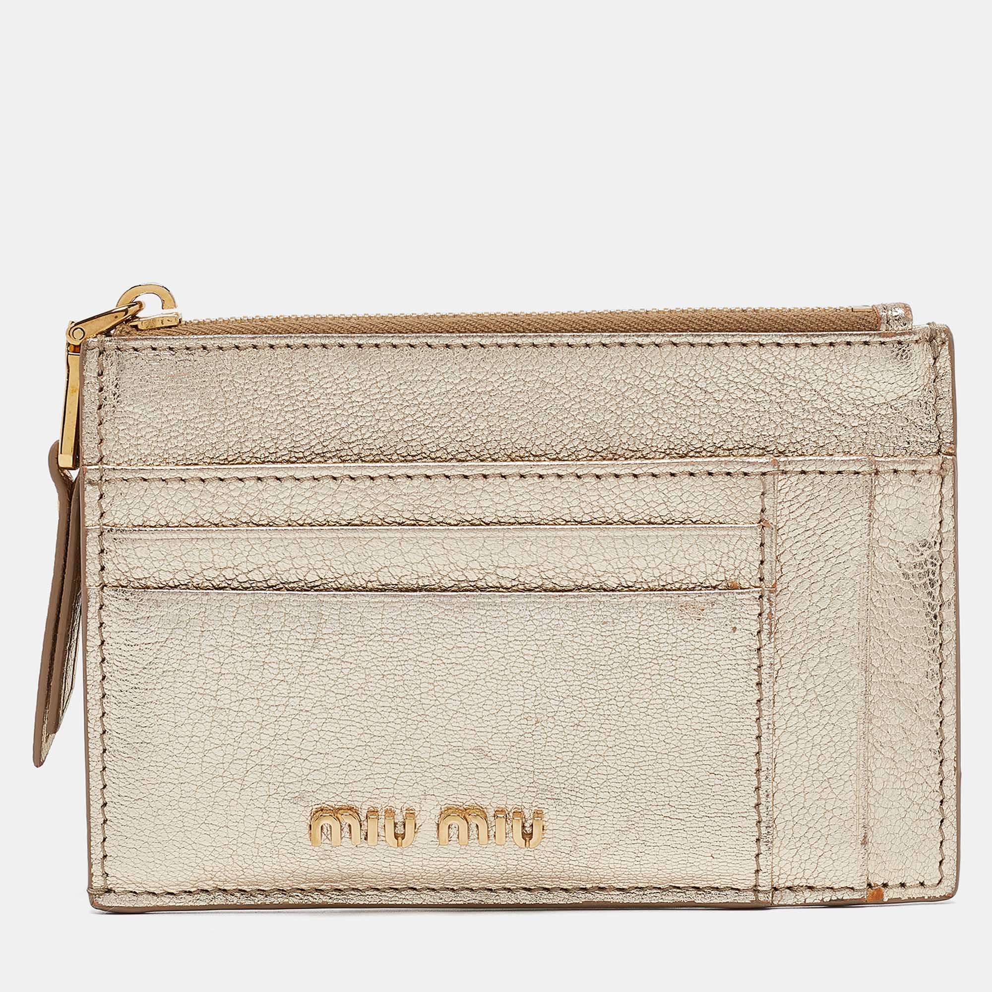 

Miu Miu Metallic Gold Madras Leather Zip Card Holder