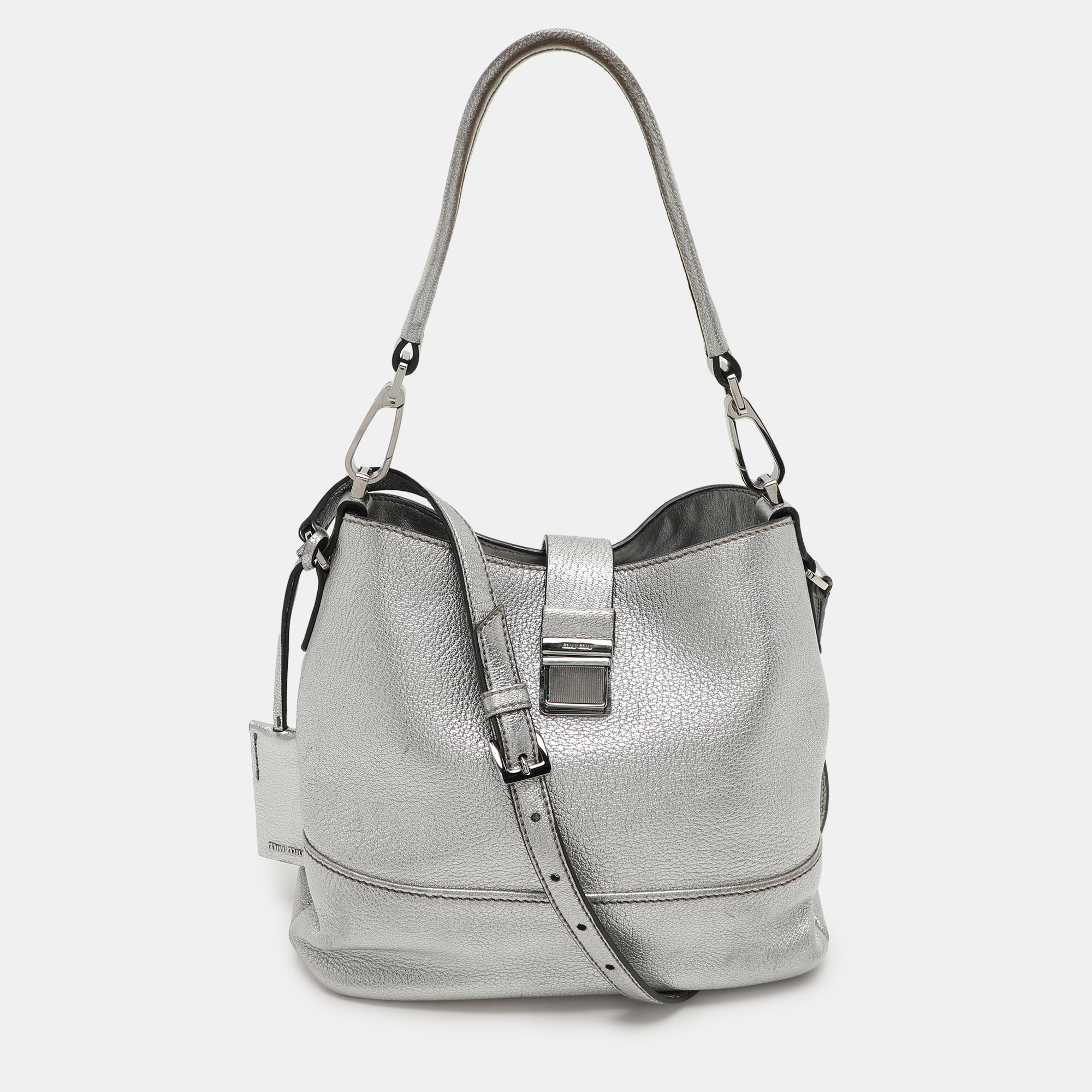 

Miu Miu Silver Leather Push Lock Top Handle Bag