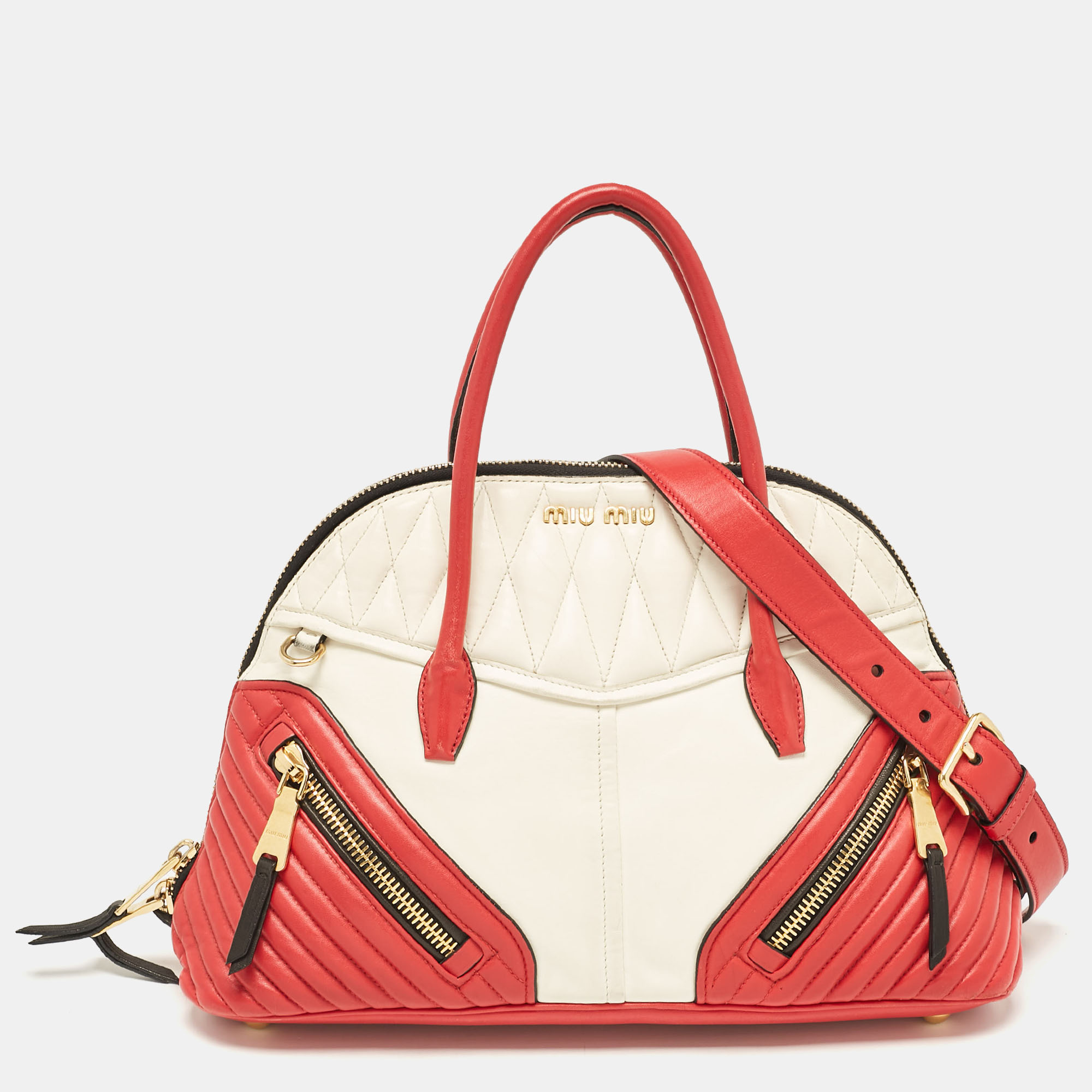 

Miu Miu Red/White Leather Biker Dome Satchel