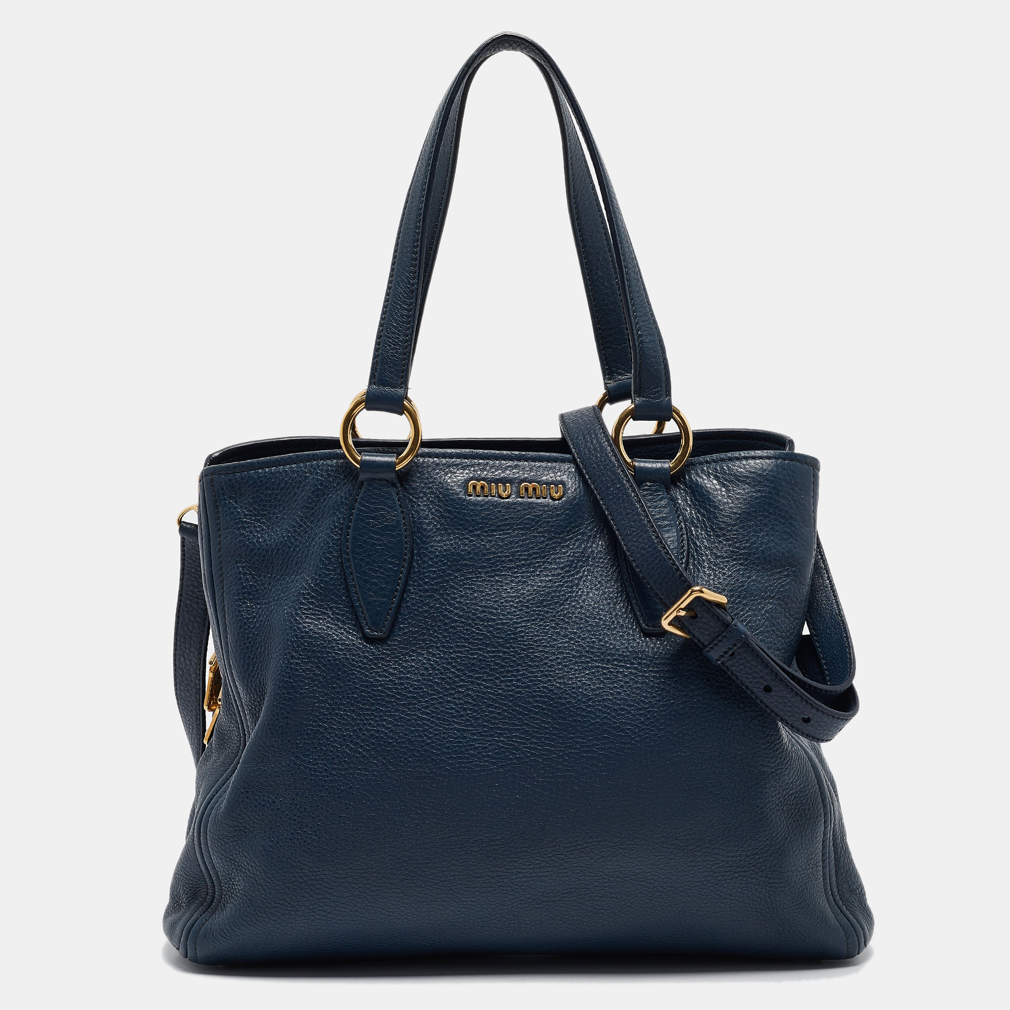 

Miu Miu Navy Blue Vitello Leather Side Zip Tote