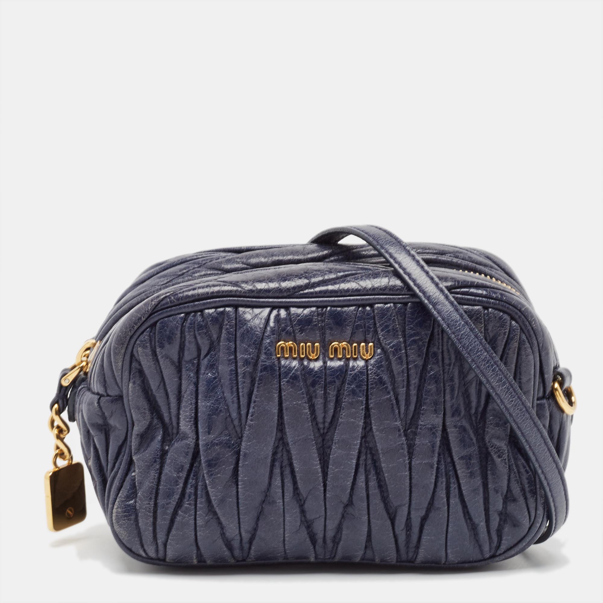 

Miu Miu Navy Blue Matelassé Leather Camera Crossbody Bag