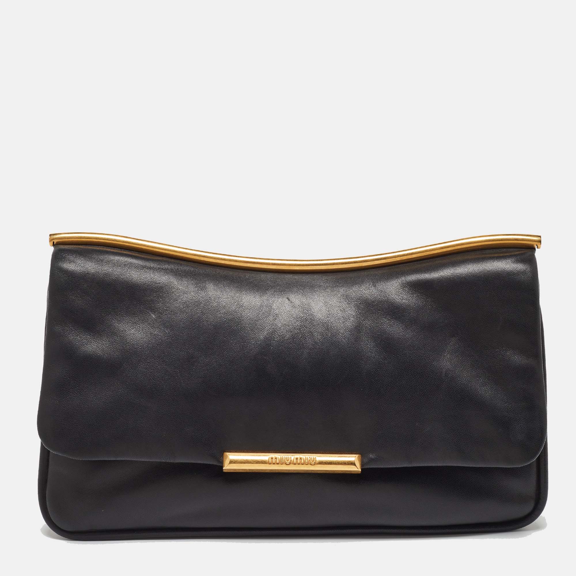 

Miu Miu Black Leather Flap Frame Clutch