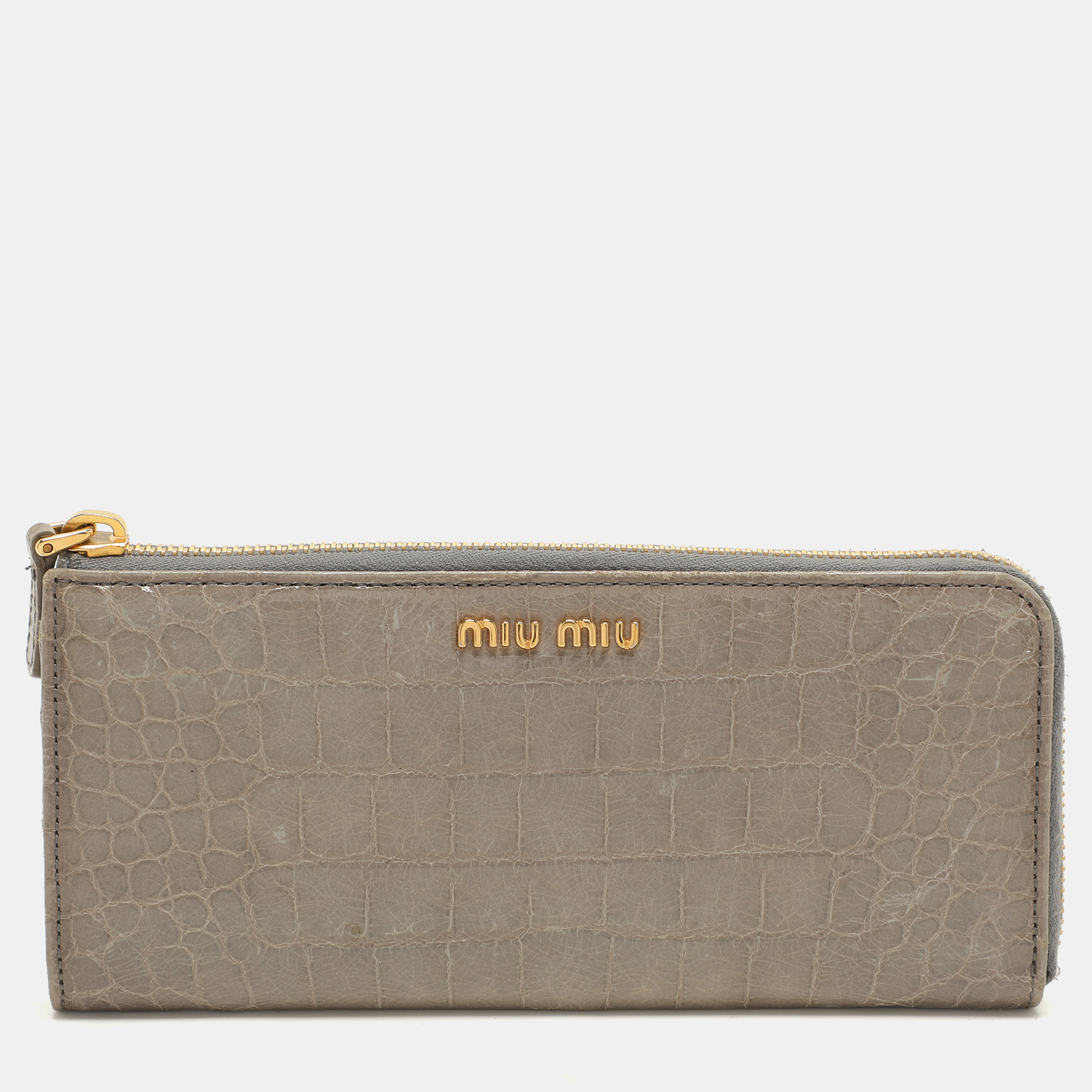 

Miu Miu Grey Crocodile Embossed Leather Zip around Wallet