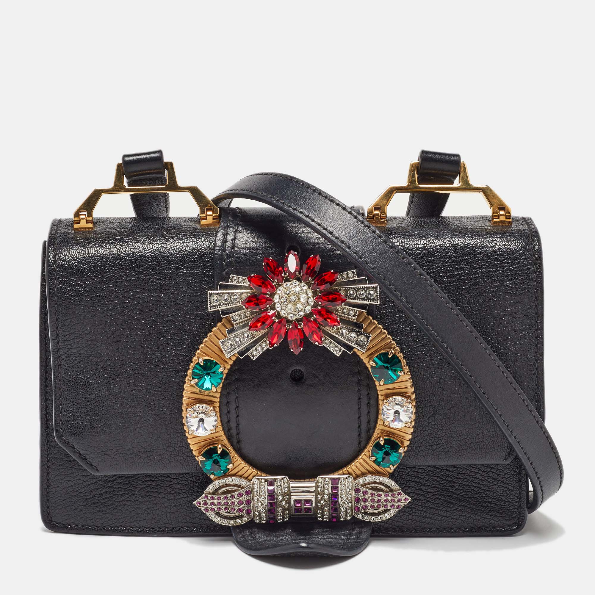 

Miu Miu Black Madras Leather Crystal Embellished Buckle Flap Shoulder Bag