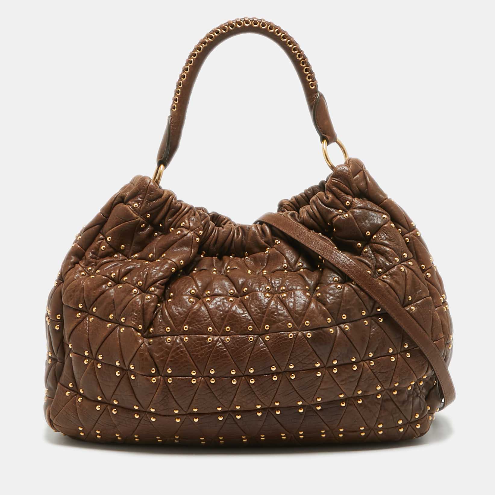 

Miu Miu Dark Brown matelasse Leather Studded Hobo