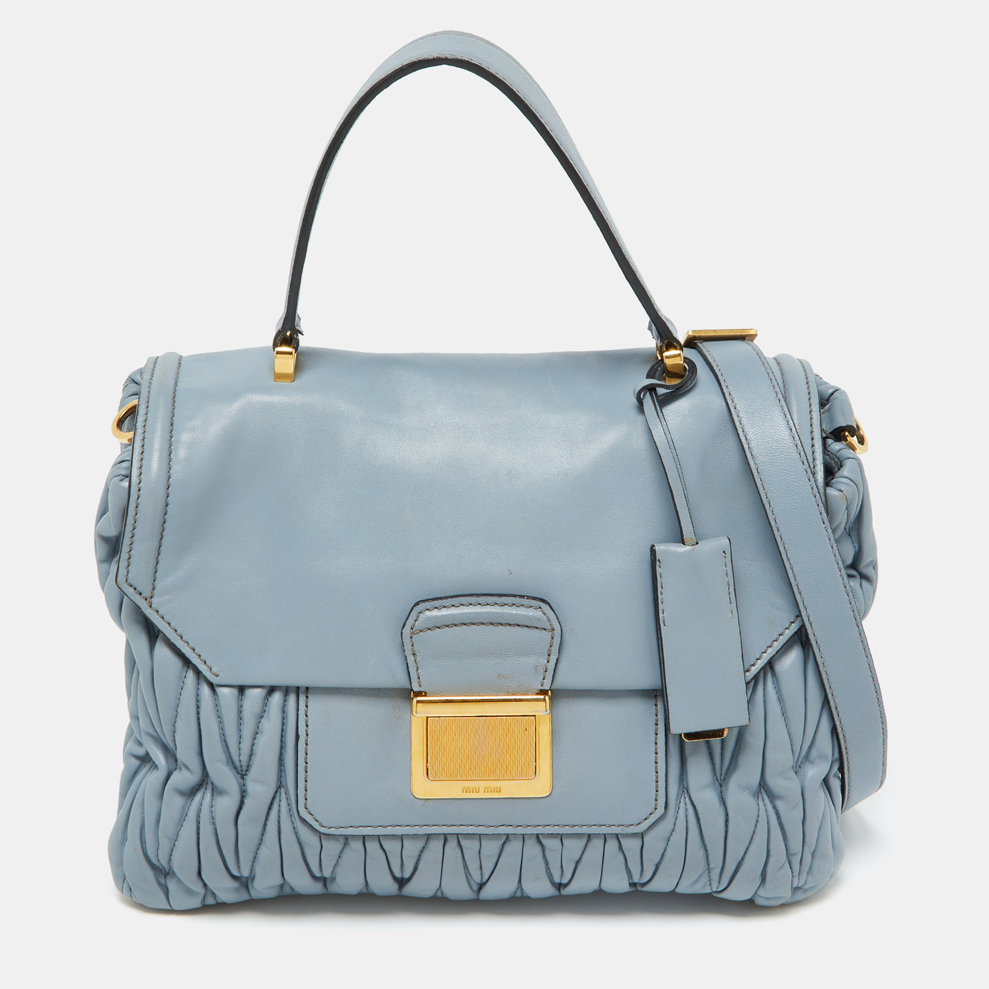 

Miu Miu Light Blue Leather Matelassé Flap Top Handle Bag