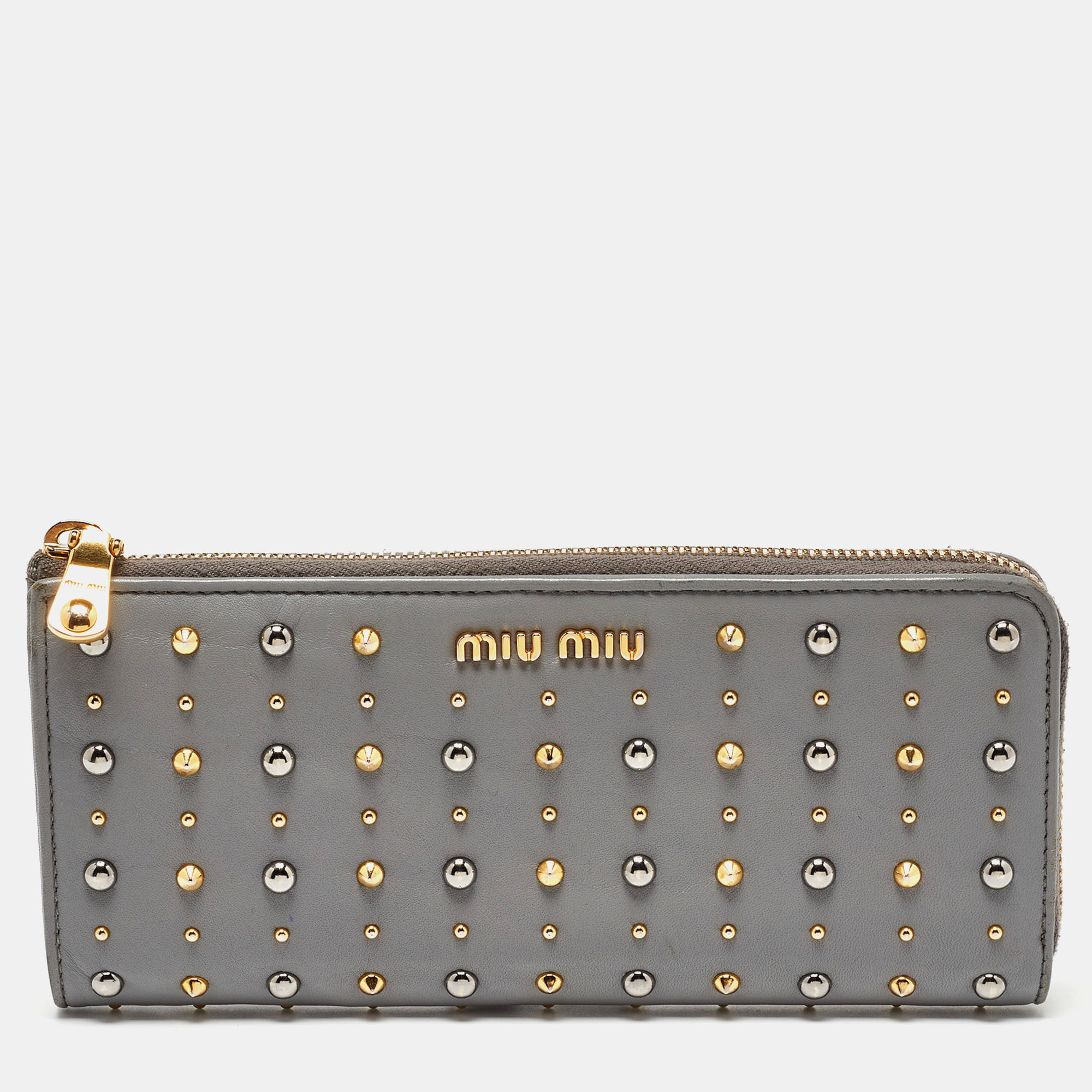 

Miu Miu Grey Leather Studded Zip Continental Wallet