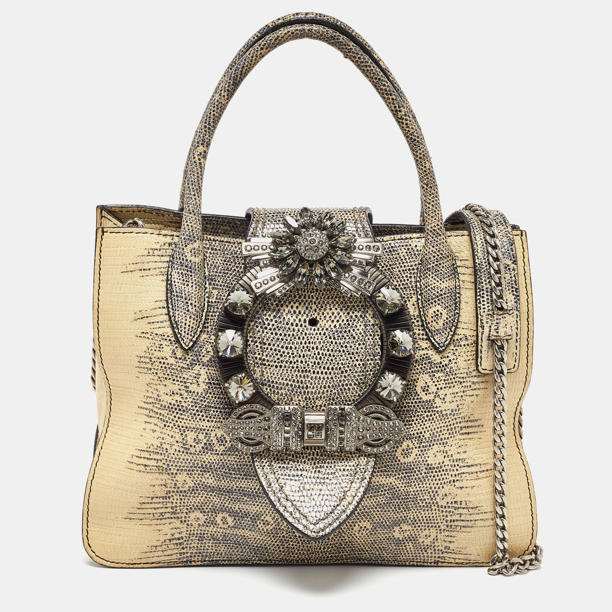 

Miu Miu Cream/Black Lizard Embossed Leather Crystal Embellished Tote