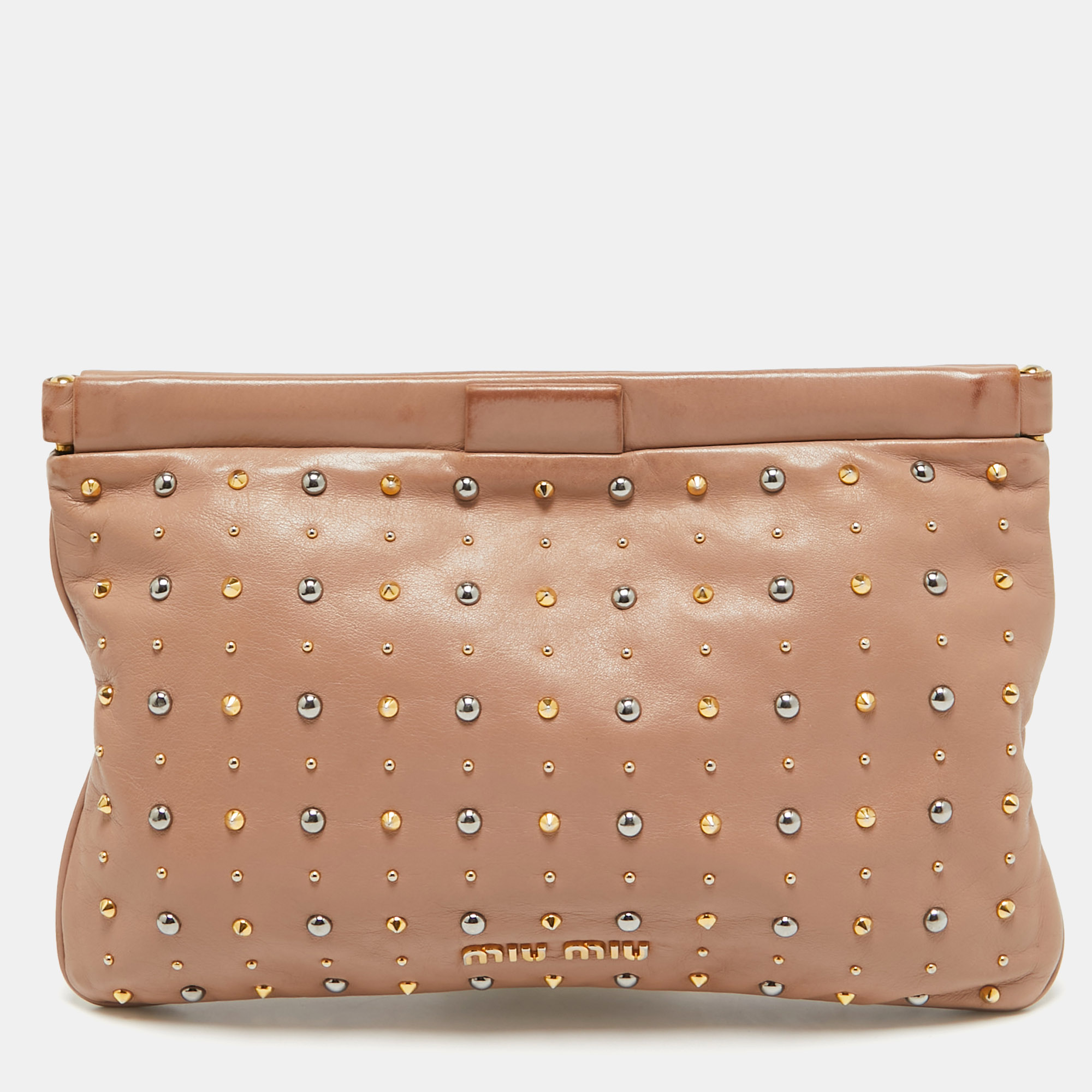 

Miu Miu Dusty Pink Leather Studded Frame Clutch