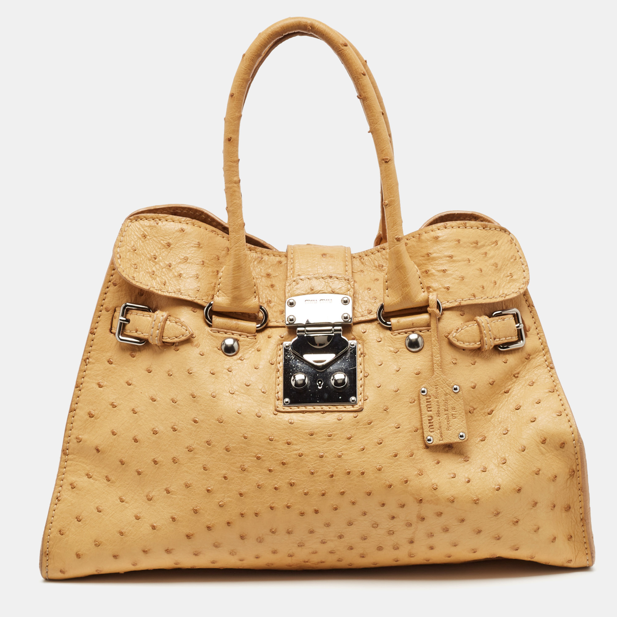 

Miu Miu Tan Ostrich Leather Special Edition 07/8 Push Lock Tote