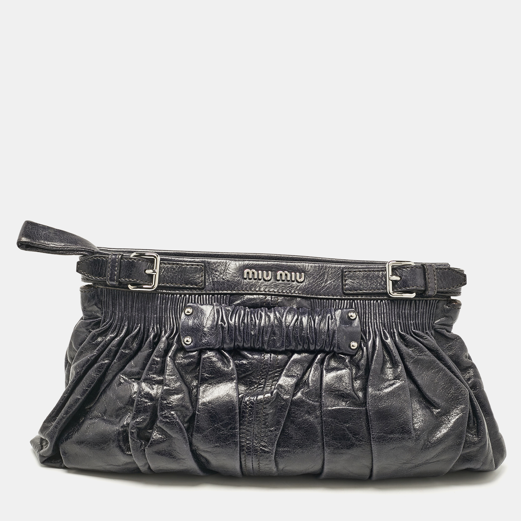 

Miu Miu Dark Blue Leather Ruched Buckle Clutch