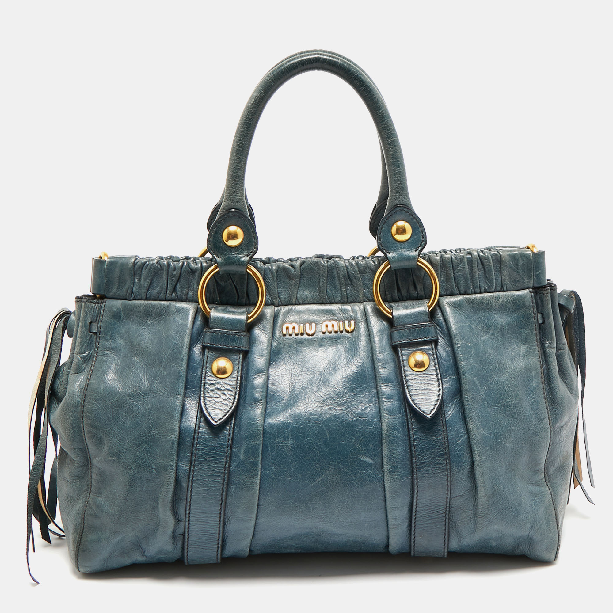 

Miu Miu Teal Blue Leather Matelassé Tote