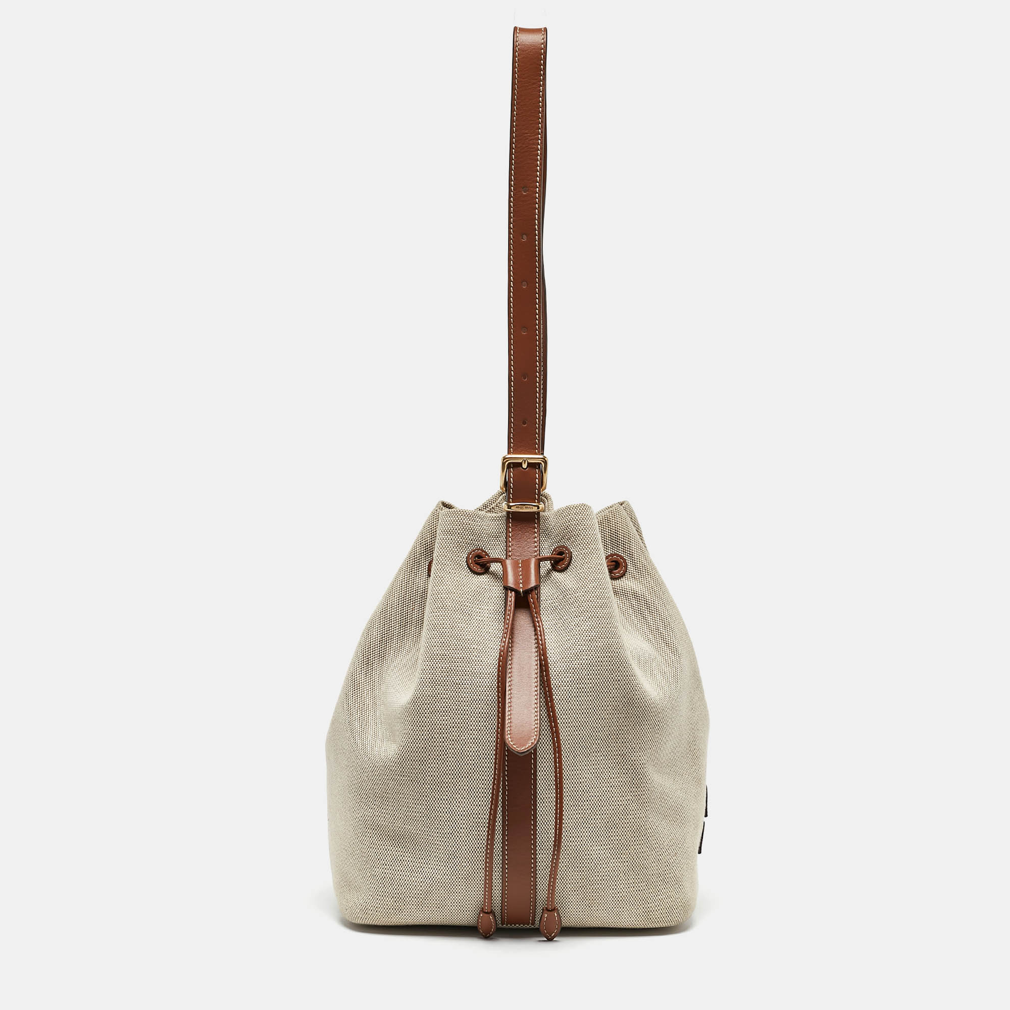 

Miu Miu Brown/Natural Canvas Logo Drawstring Bucket Bag