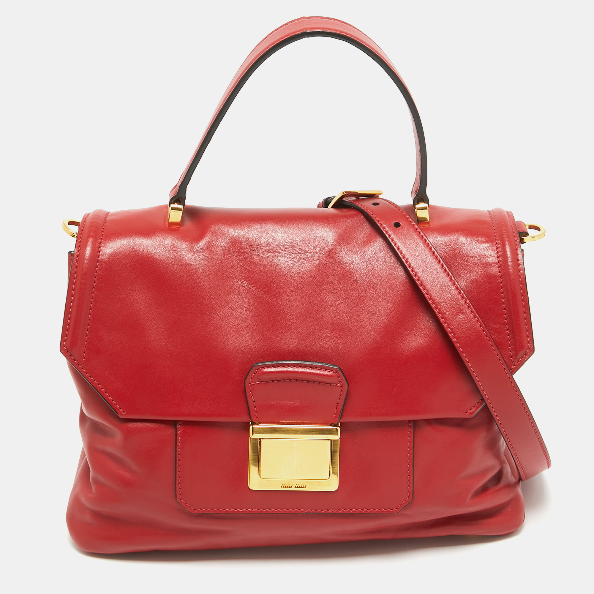 

Miu Miu Red Vetello Soft Leather Push Lock Flap Top Handle Bag