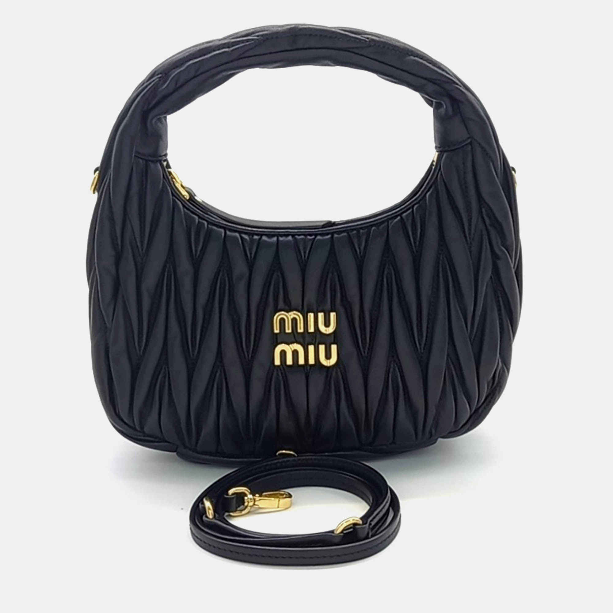 

Miu Miu Black Leather Wander Matrace Hobo Bag