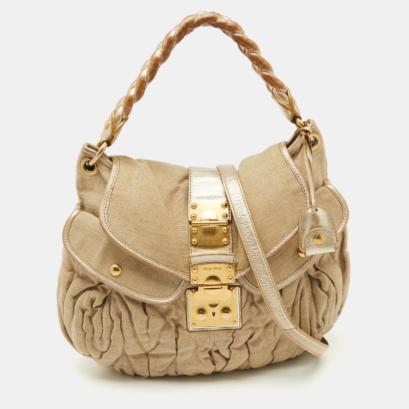 

Miu Miu Beige/Gold Linen and Leather Coffer Satchel