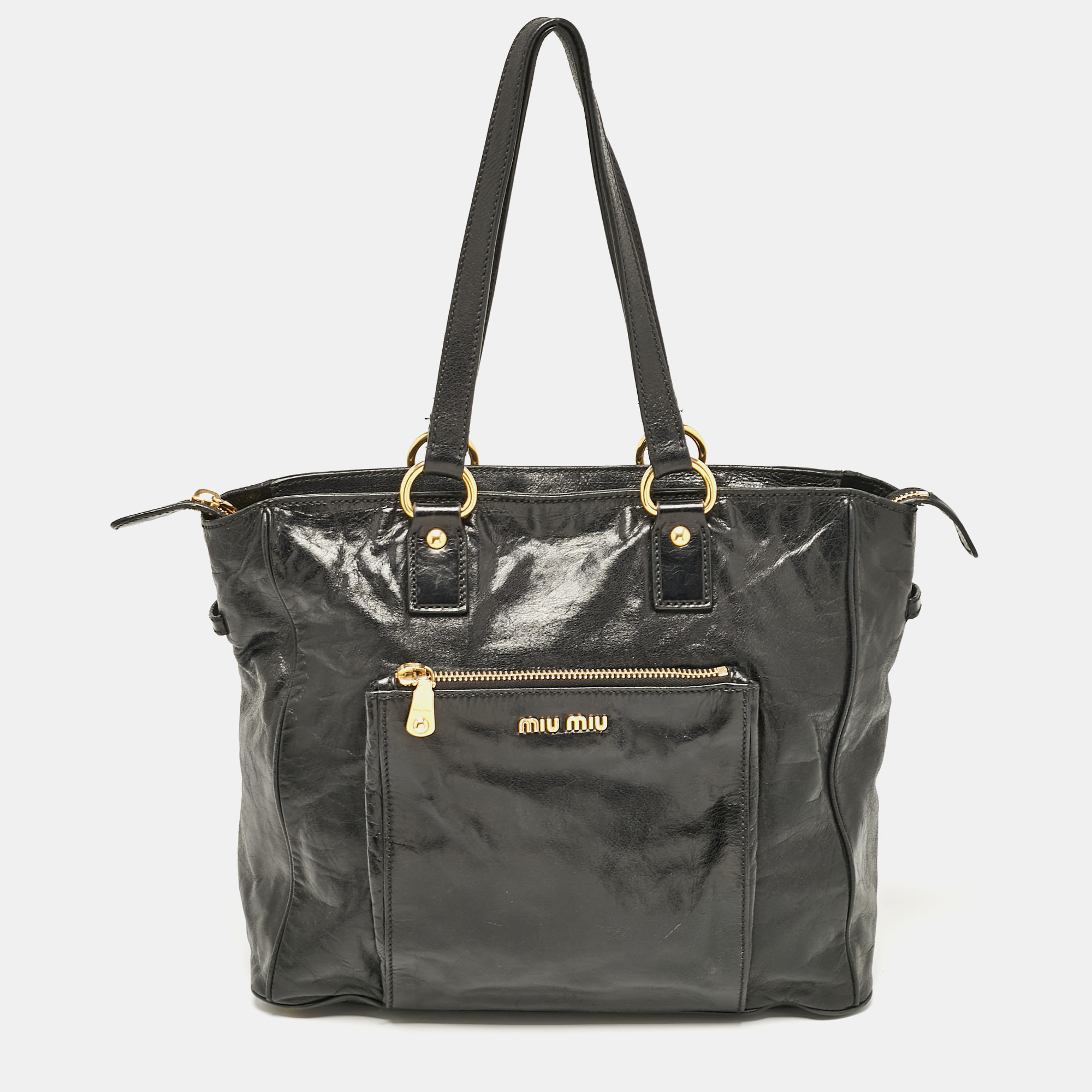 

Miu Miu Black Glossy Leather Front Pocket Tote