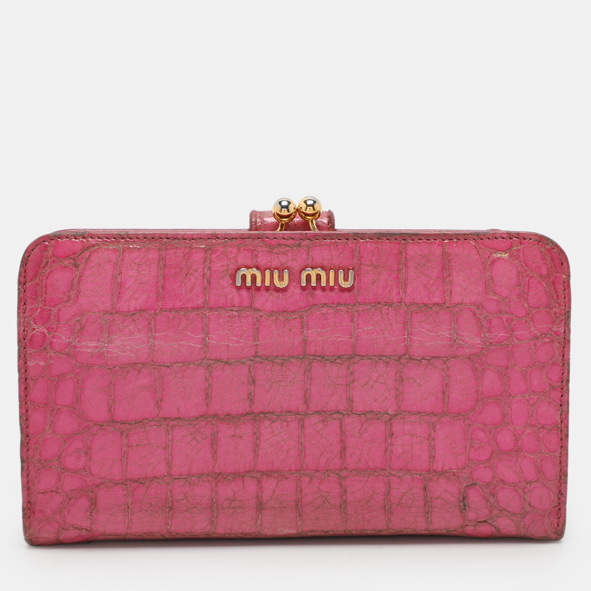 

Miu Miu Pink Leather and Croc Embossed Patent Leather French Wallet