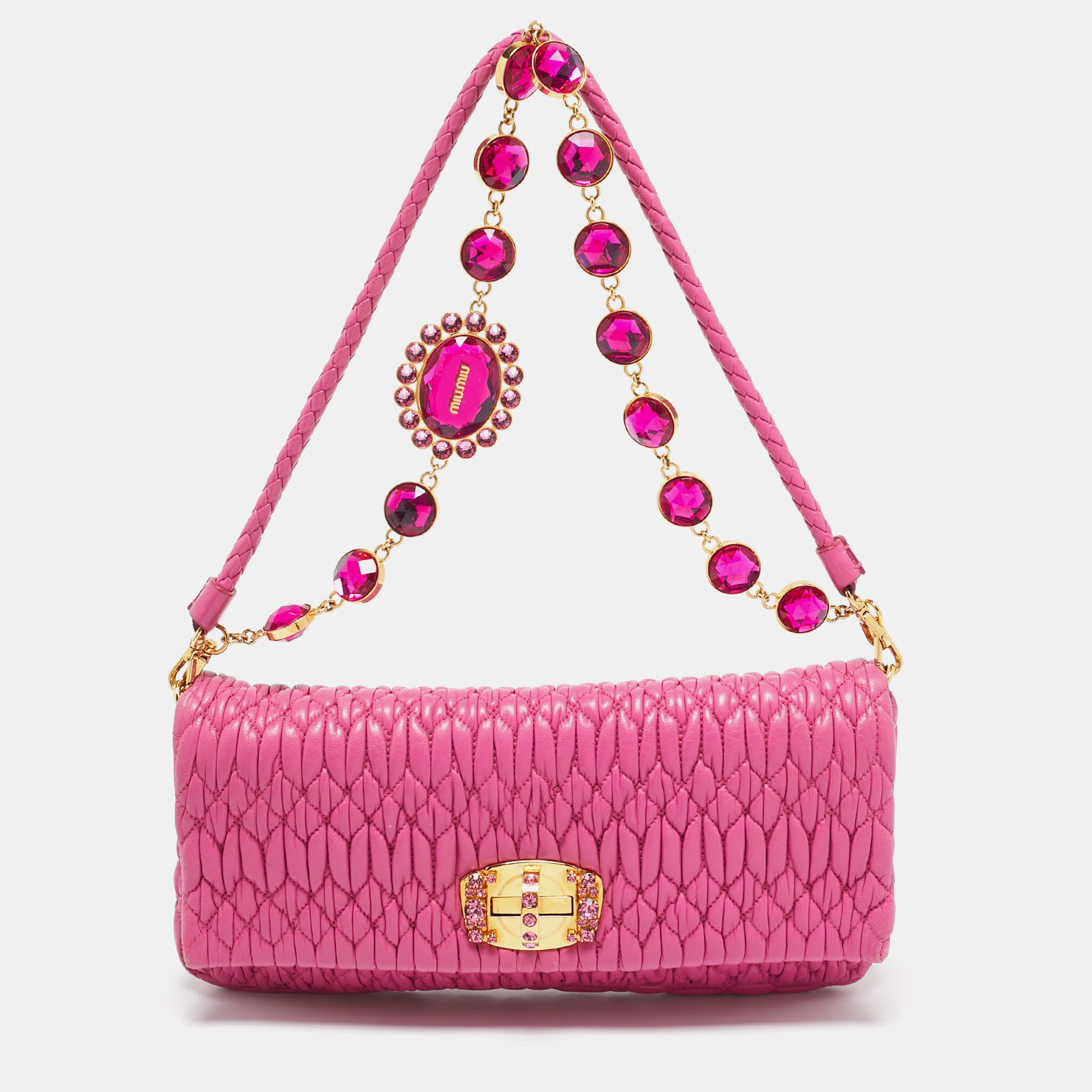 

Miu Miu Fuchsia Matelasse Leather  Crystal Flap Shoulder Bag, Pink