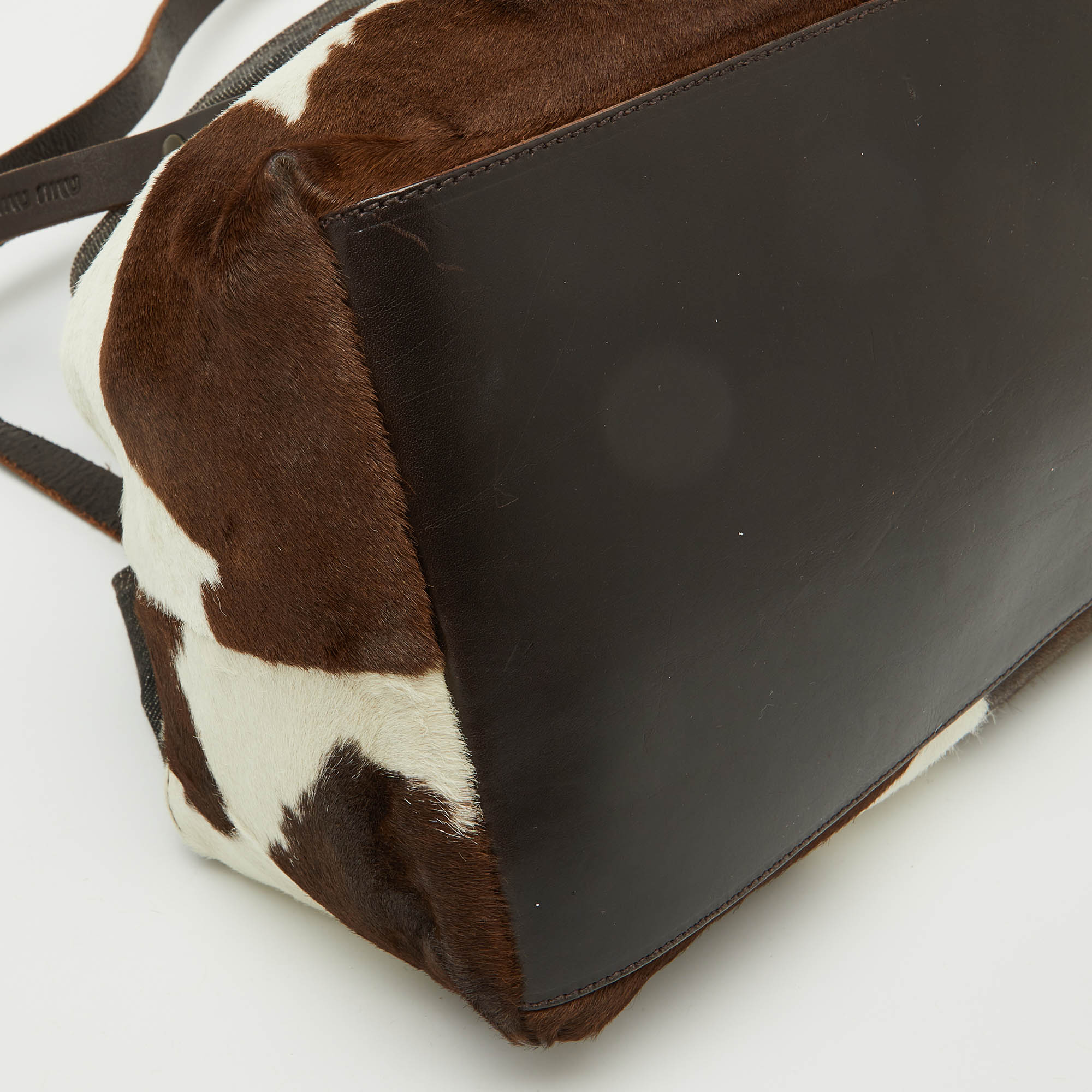 Miu Miu Brown Animal Print Calf Hair, Denim and Leather Tote 