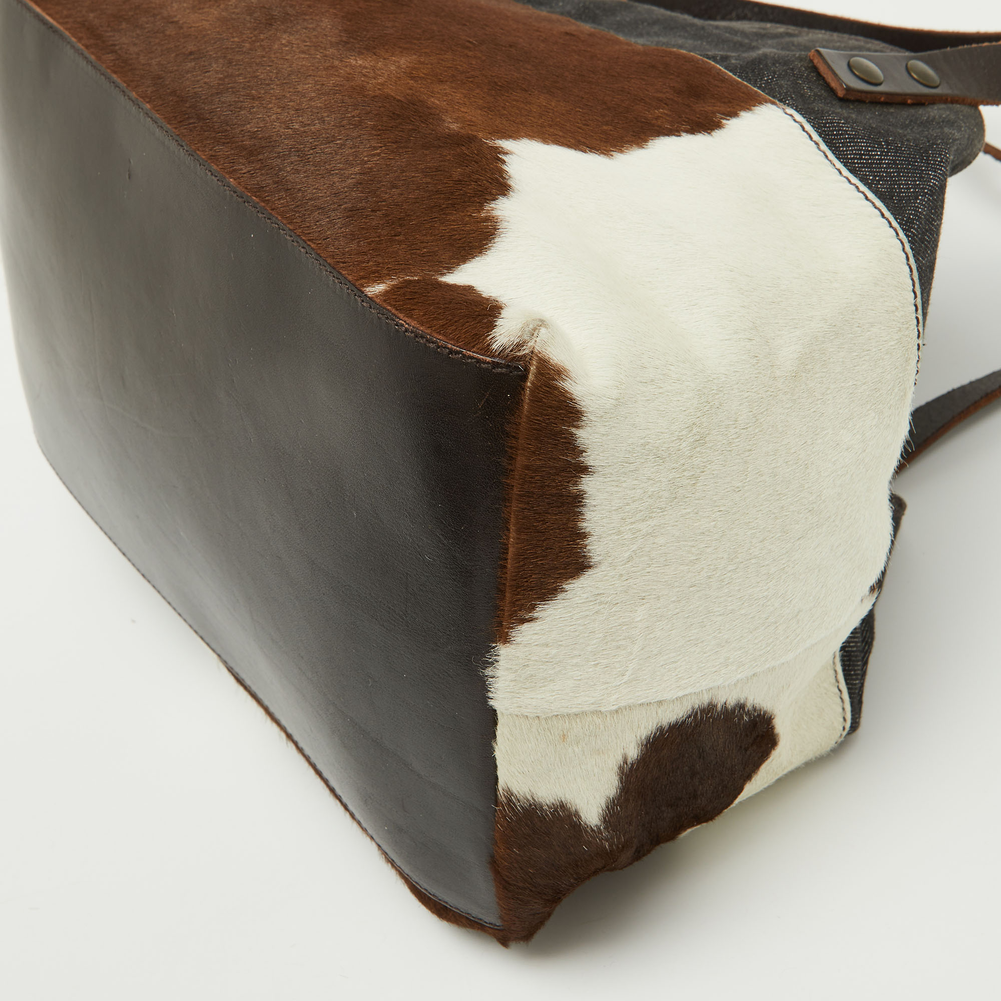 Miu Miu Brown Animal Print Calf Hair, Denim and Leather Tote 