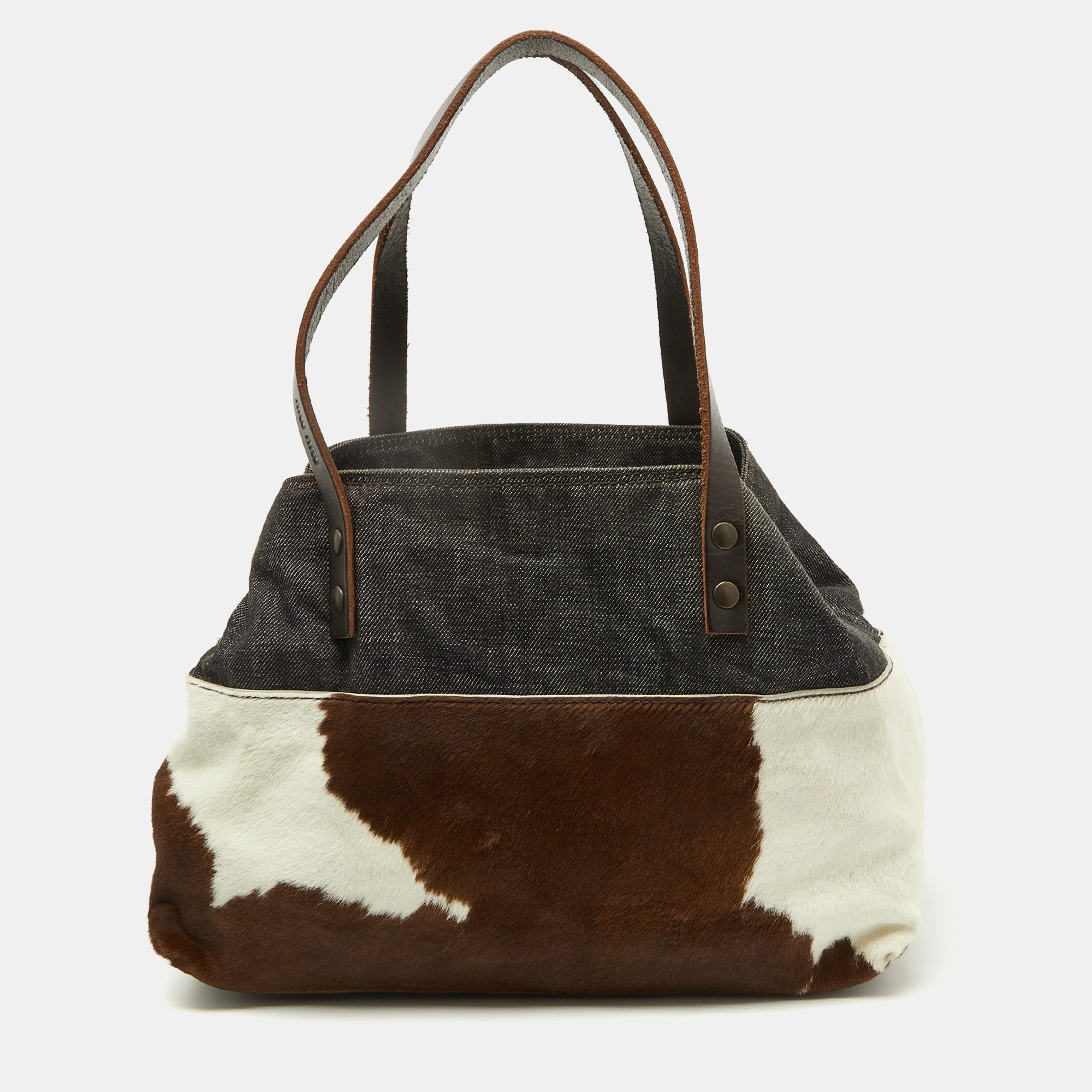 

Miu Miu Brown Animal Print Calf Hair, Denim and Leather Tote