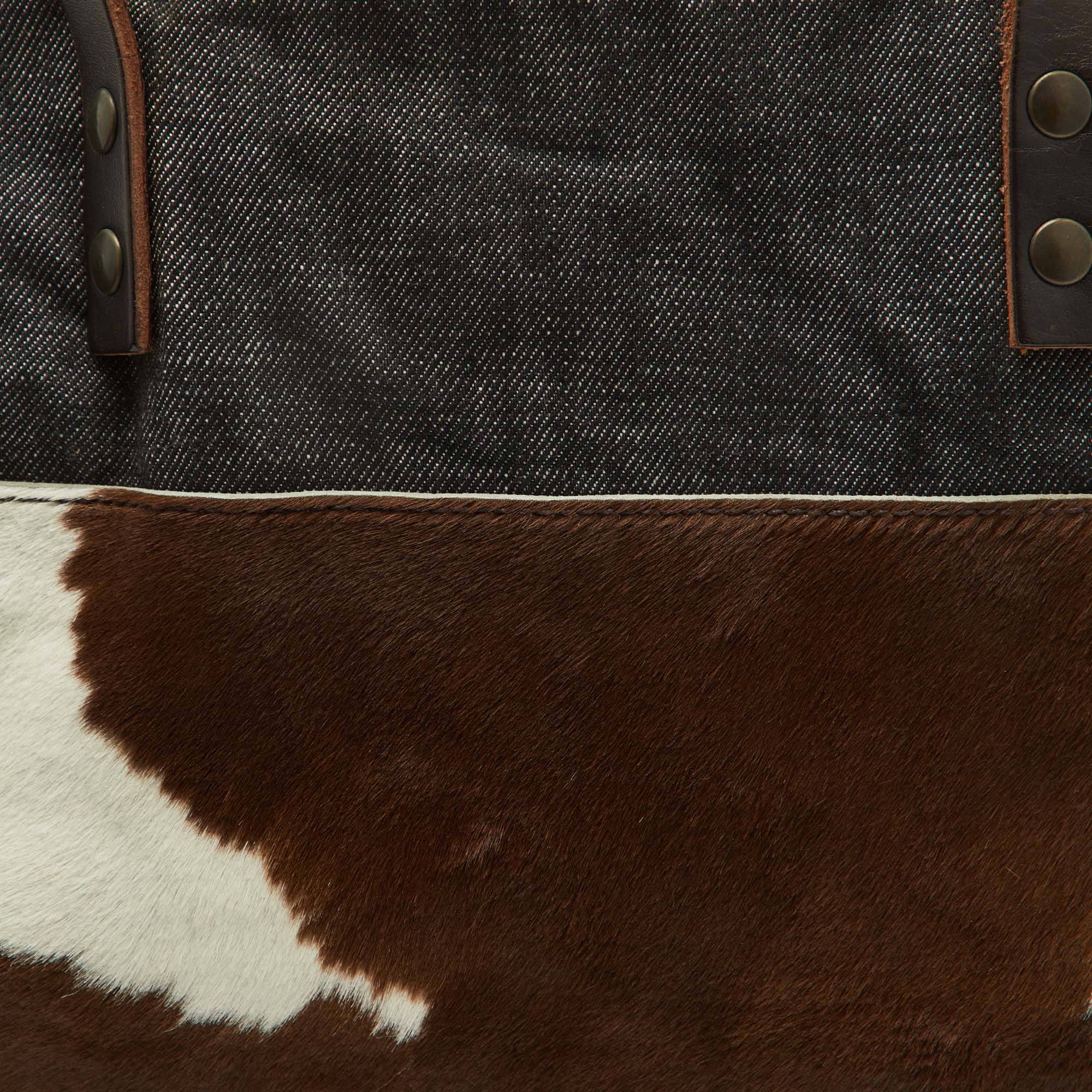 Miu Miu Brown Animal Print Calf Hair, Denim and Leather Tote 