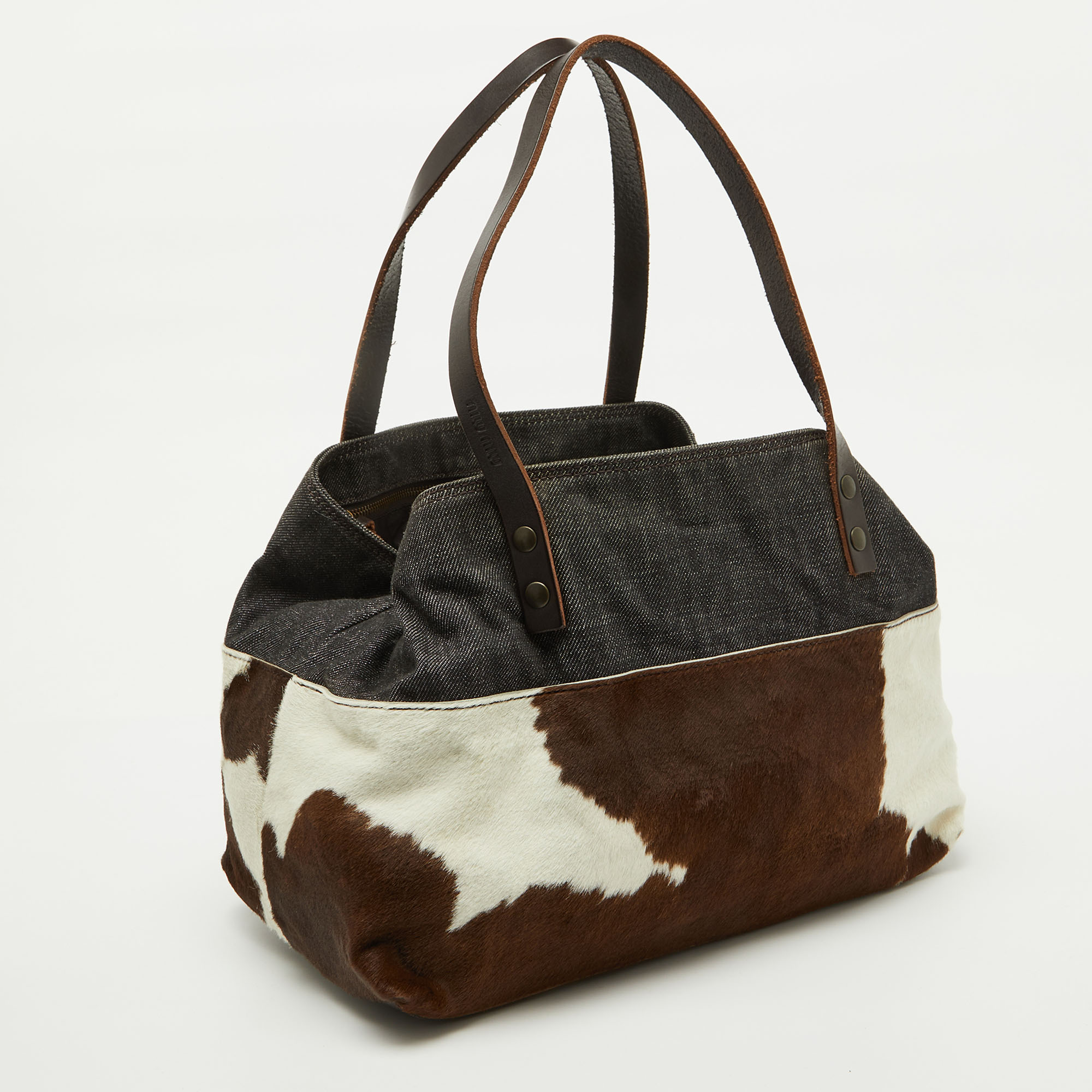 Miu Miu Brown Animal Print Calf Hair, Denim and Leather Tote 