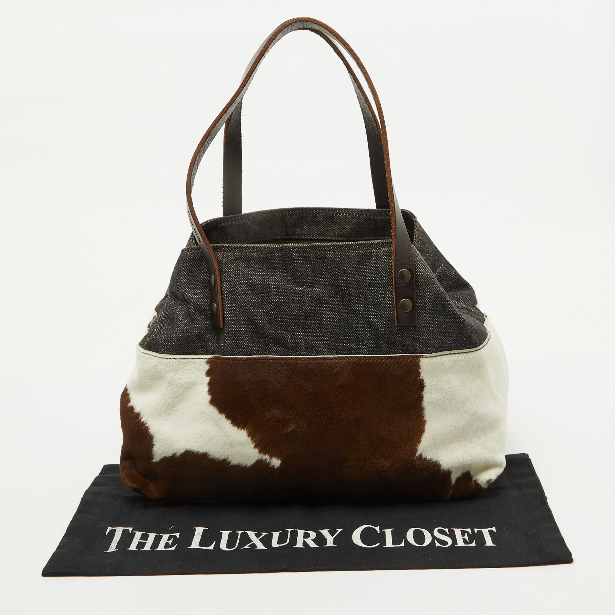Miu Miu Brown Animal Print Calf Hair, Denim and Leather Tote 