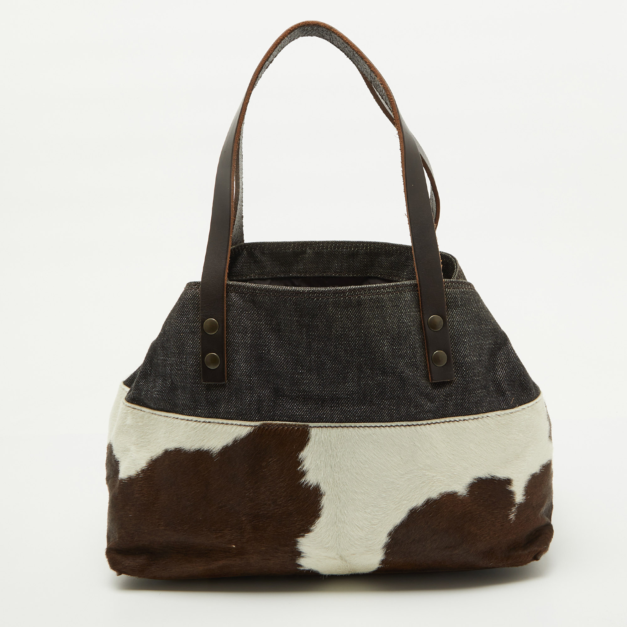 Miu Miu Brown Animal Print Calf Hair, Denim and Leather Tote 