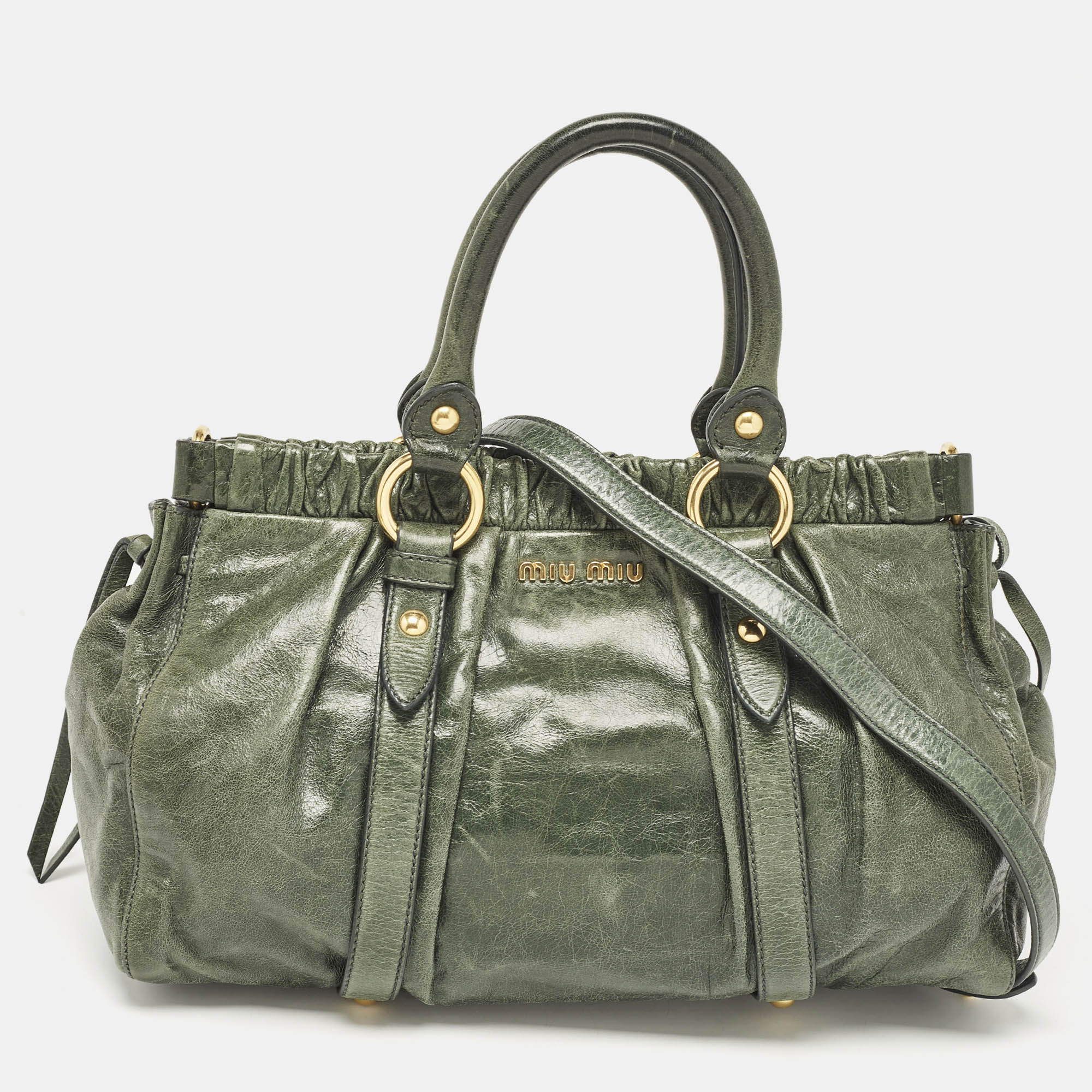 

Miu Miu Green Vitello Lux Gathered Leather Satchel