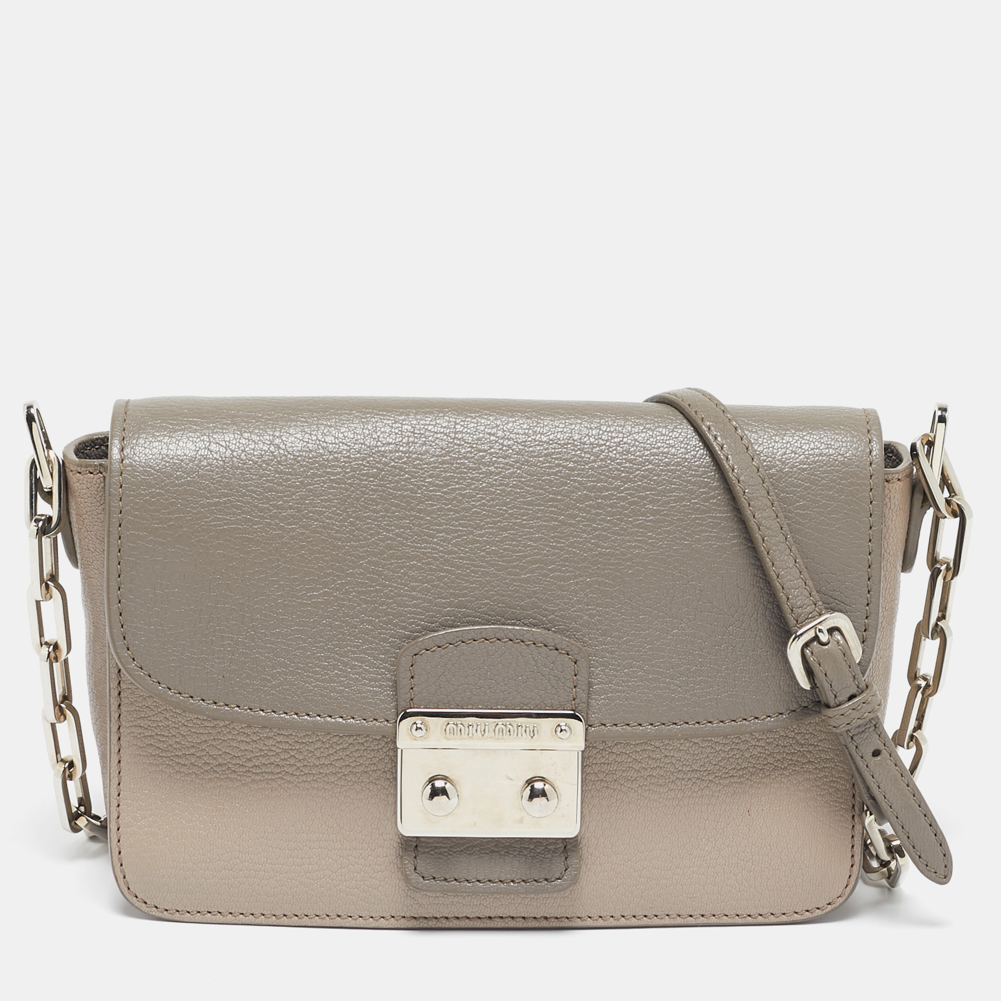 

Miu Miu Beige/Grey Madras Leather Pushlock Flap Chain Shoulder Bag