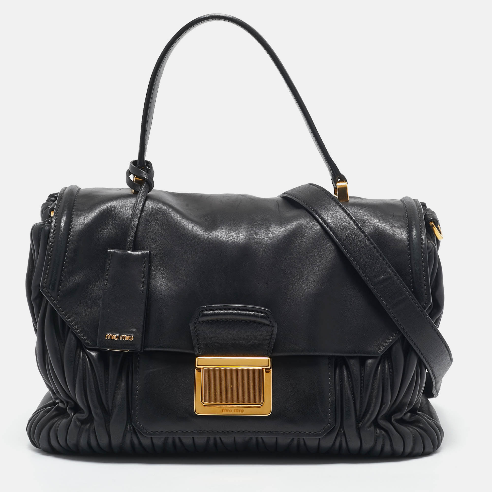 

Miu Miu Black Matelassé Leather Flap Top Handle Bag