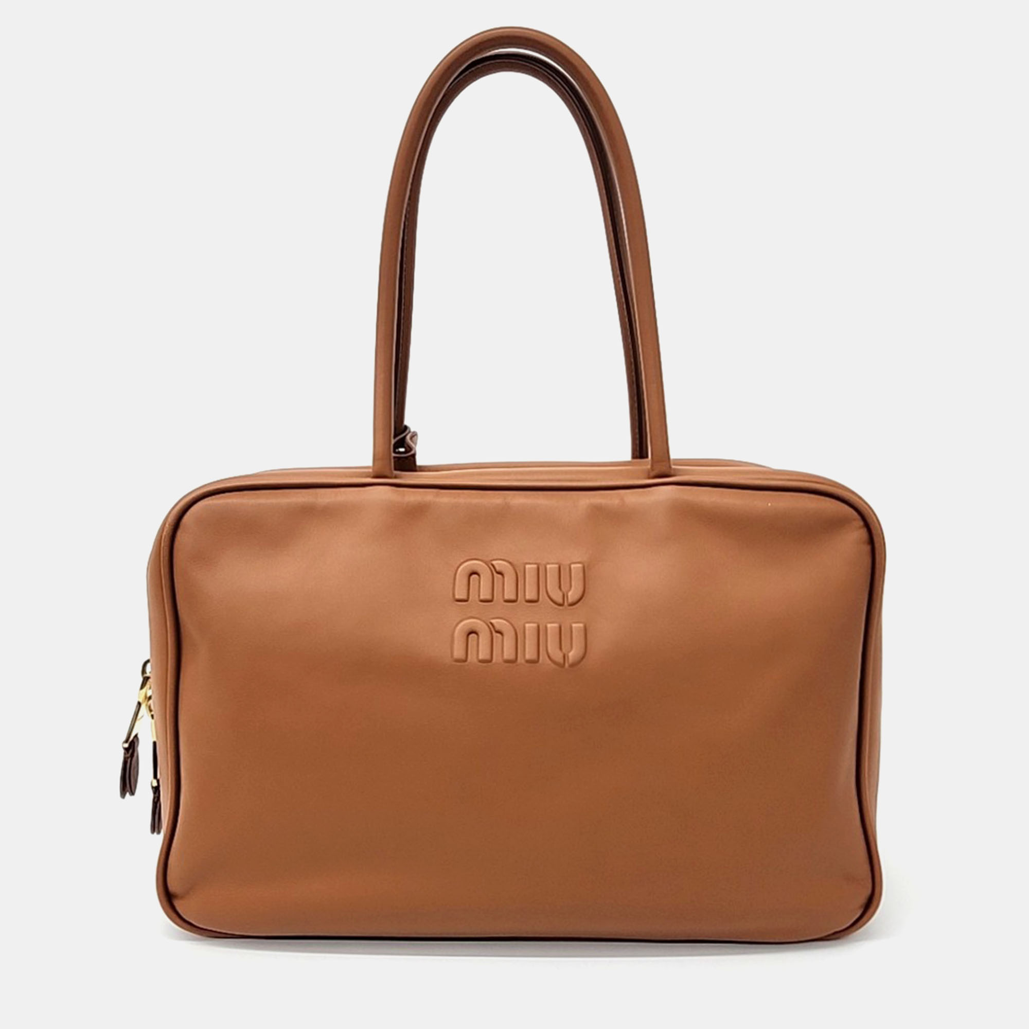 

Miu Miu Brown Leather Embossed Logo Bowling Bag