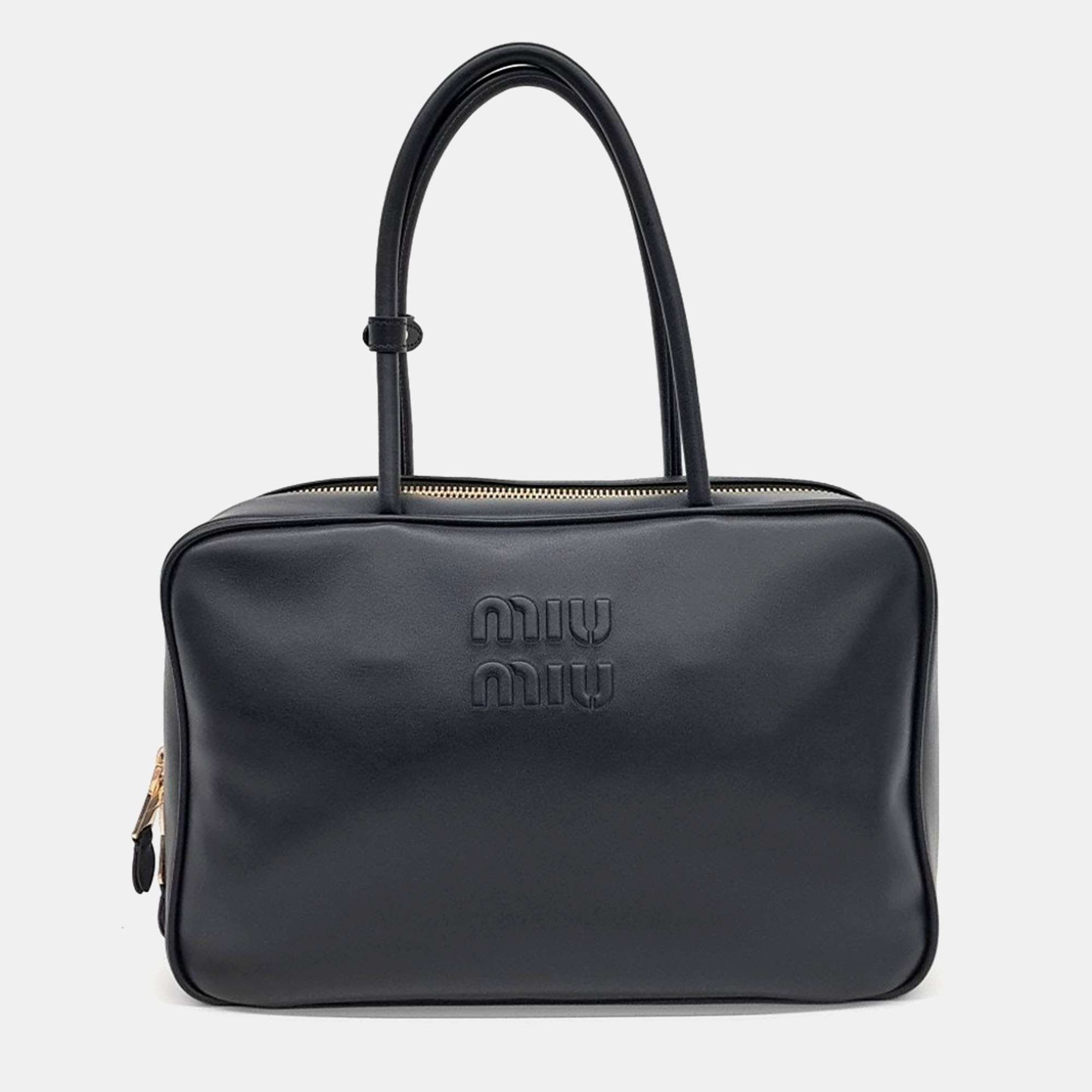 

Miu Miu Black Leather Embossed Logo Bowling Bag