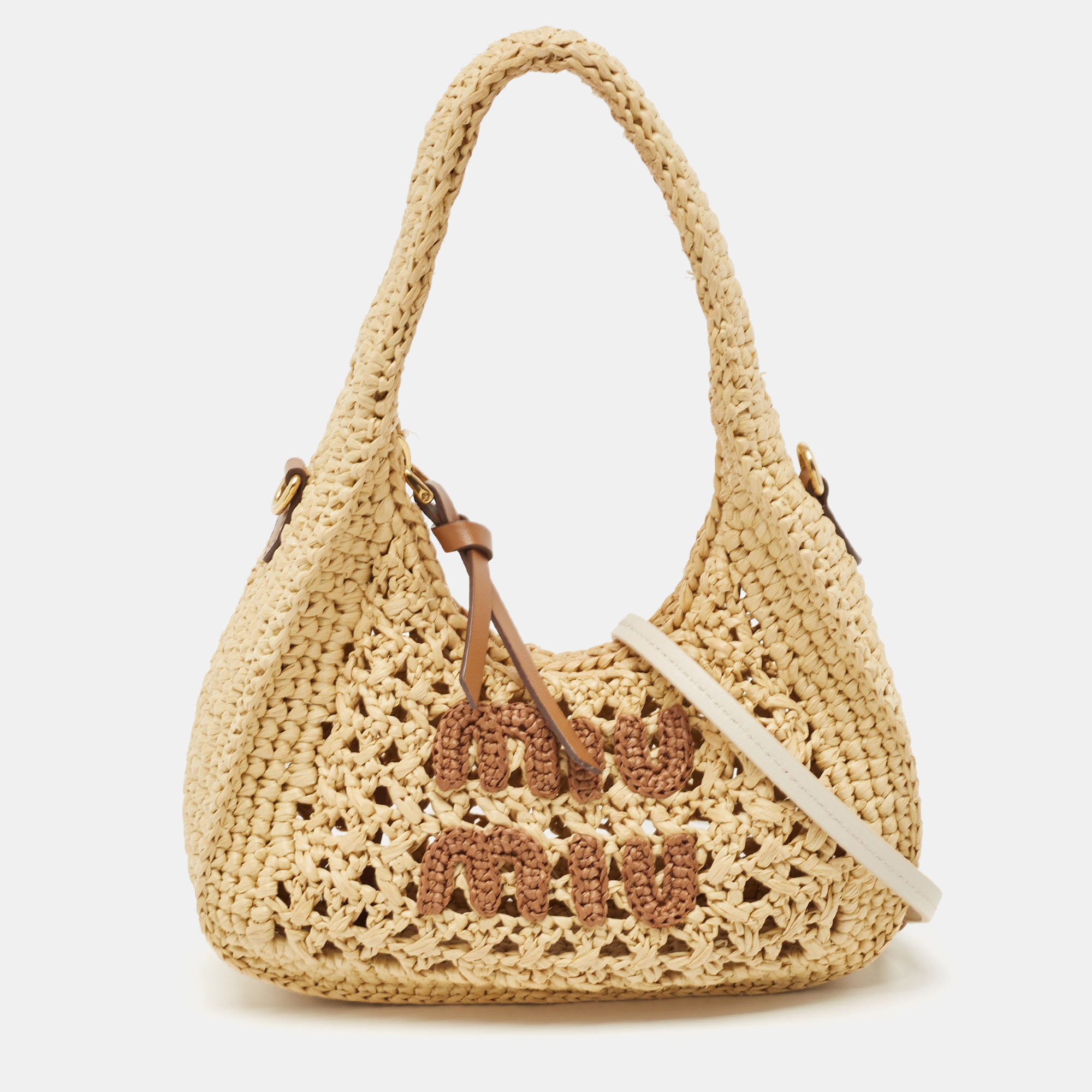 

Miu Miu Natural Raffia Effect Wander Hobo, Tan