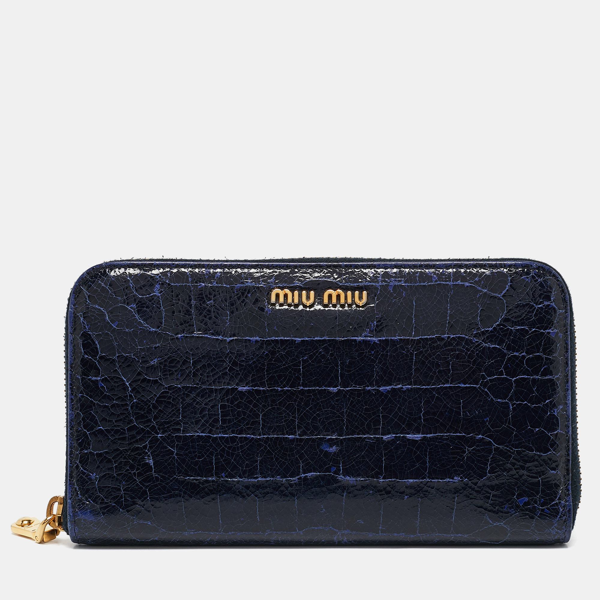 

Miu Miu Navy Blue Croc Embossed Shine Leather Zip Continental Wallet