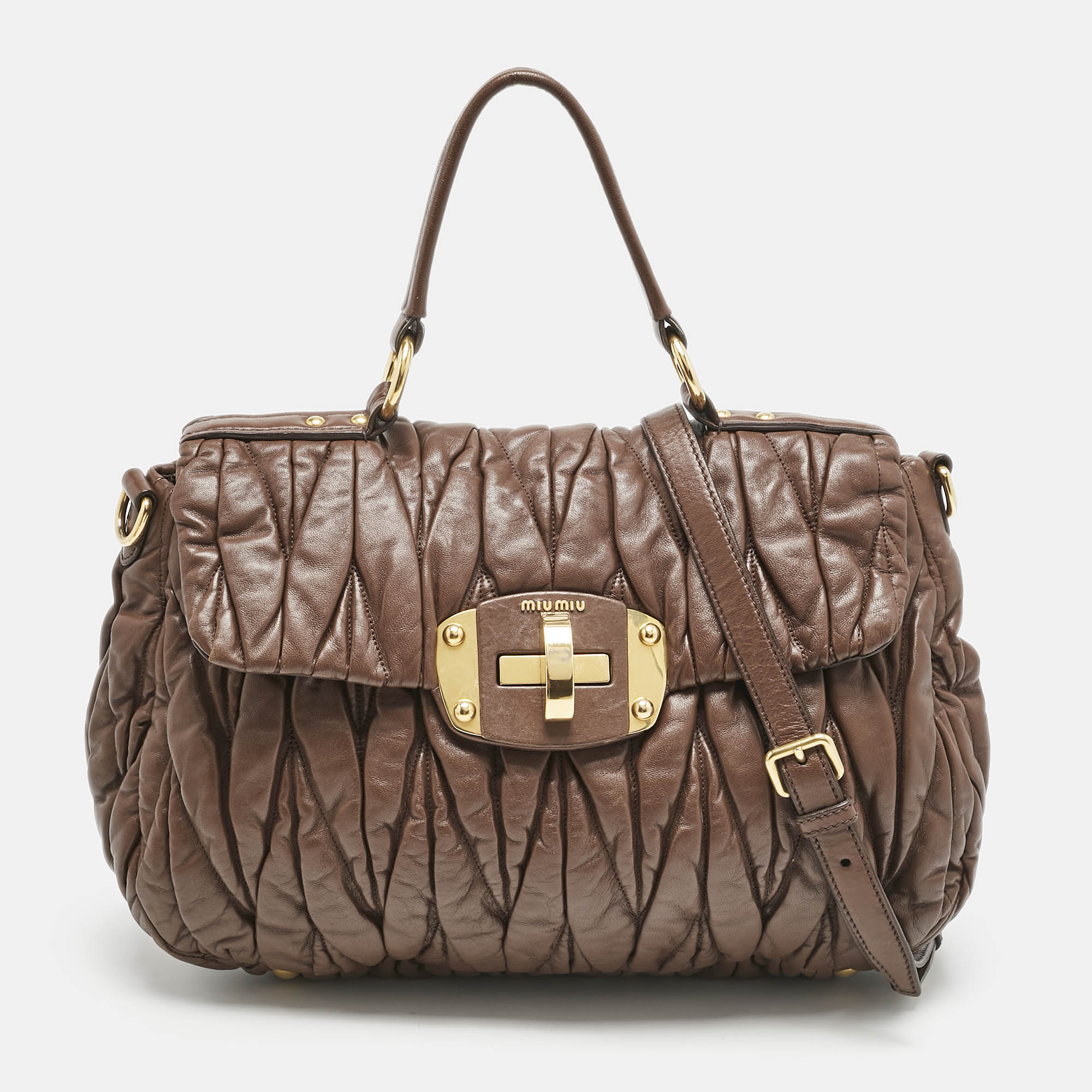 

Miu Miu Brown Matelassé Leather Turnlock Flap Top Handle Bag