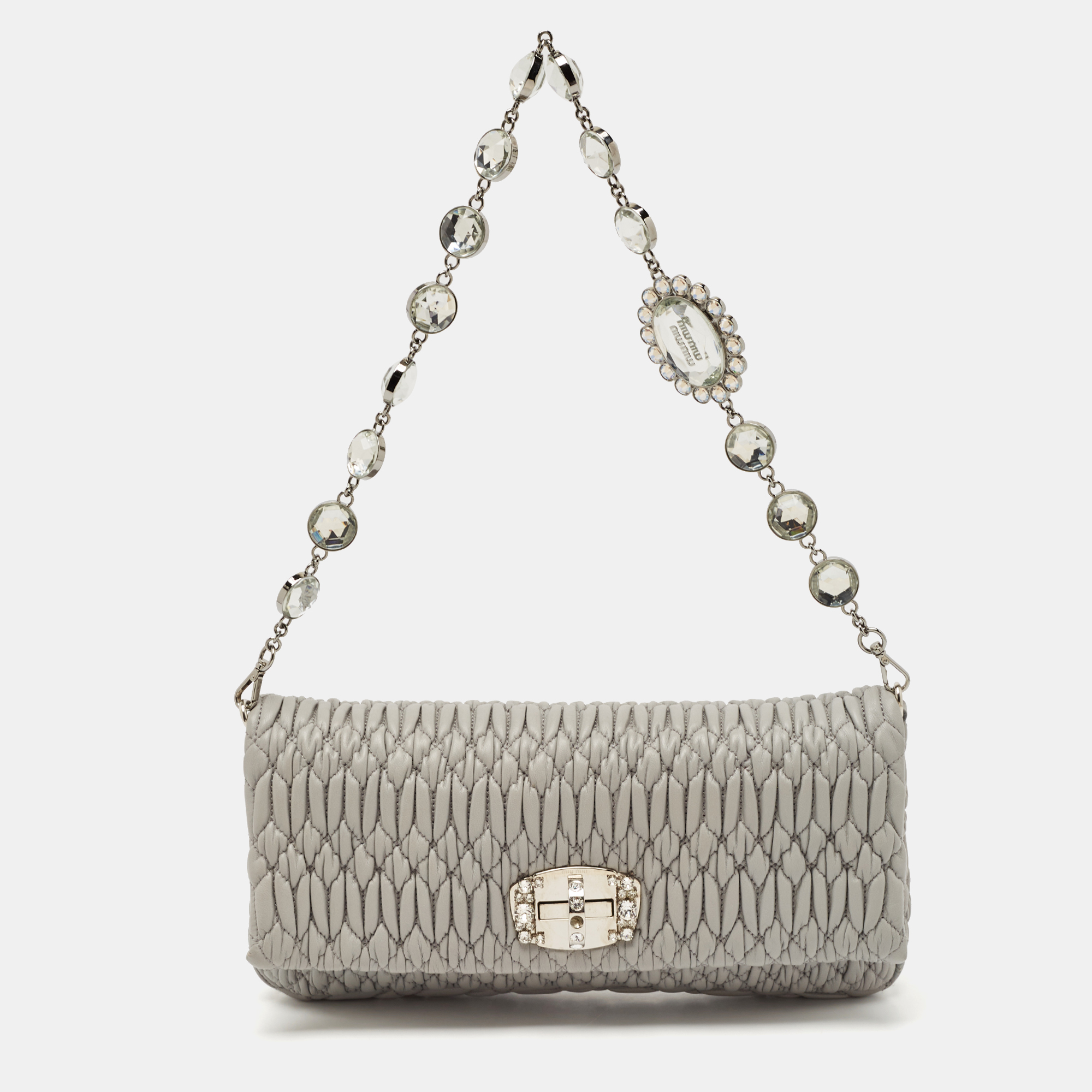 

Miu Miu Grey Matelasse Leather Crystal Flap Shoulder Bag