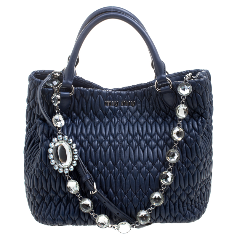 مملوكة مسبقًا Miu Miu Blue Matelasse Leather Swarovski Crystal Convertible Tote